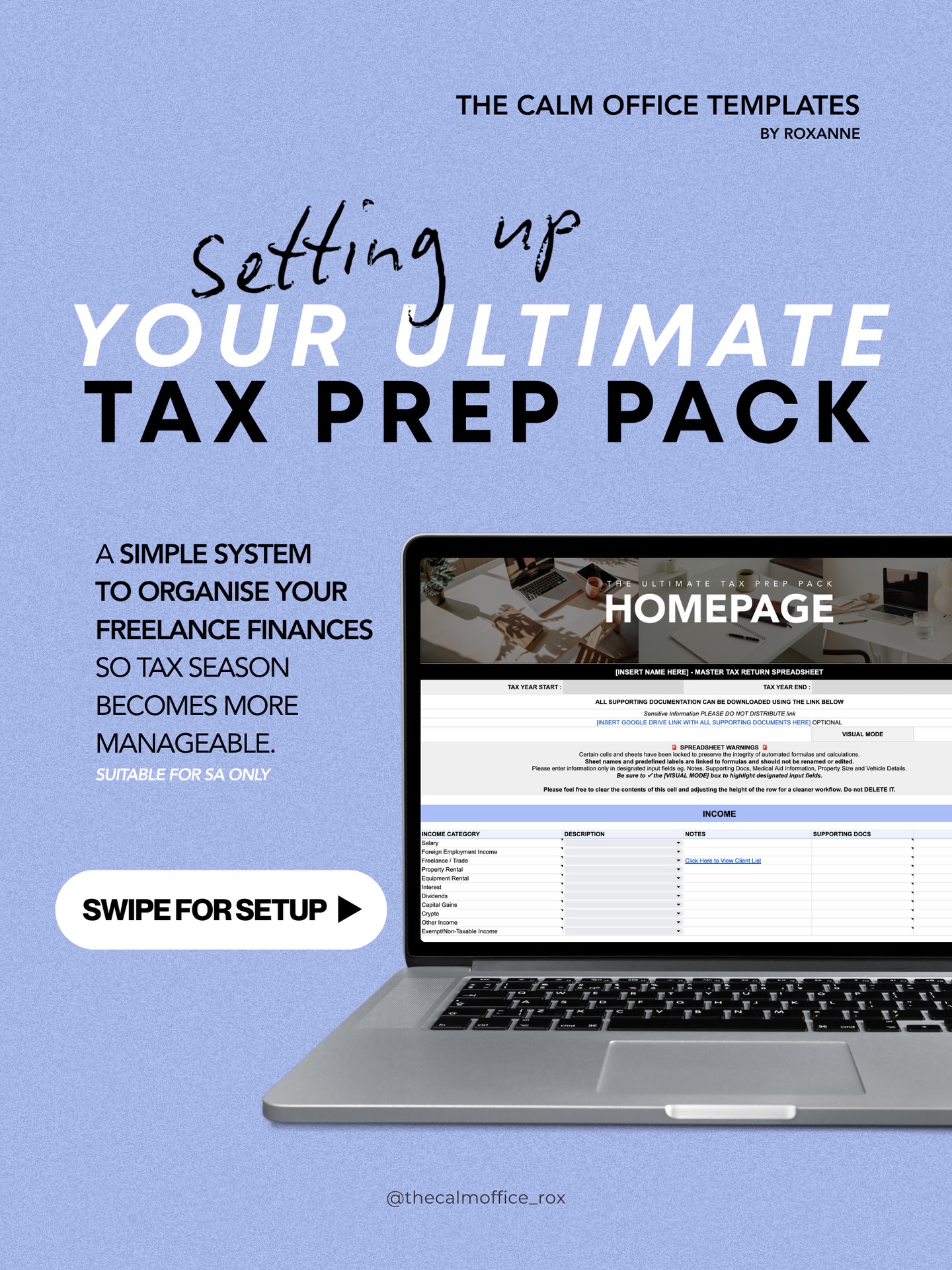 Setup designed to be simple 👩🏻💻
- Make a Copy
- Rename your Google Sheet
Homepage:
- Add your Name
- Add your Tax Year Start & End Date
- Check the Visual Mode Checkbox (to view input cells)
- Add Medical, Home Office & Vehicle information
Rental Income & Expense Sheet:
- Complete Rental Income Details (if applicable)
Income Clarity Sheet:
- Add Income Streams to Income Clarity Sheet (optional)
It’s designed like a form all the questions clear all you have to do is log your “answers”.