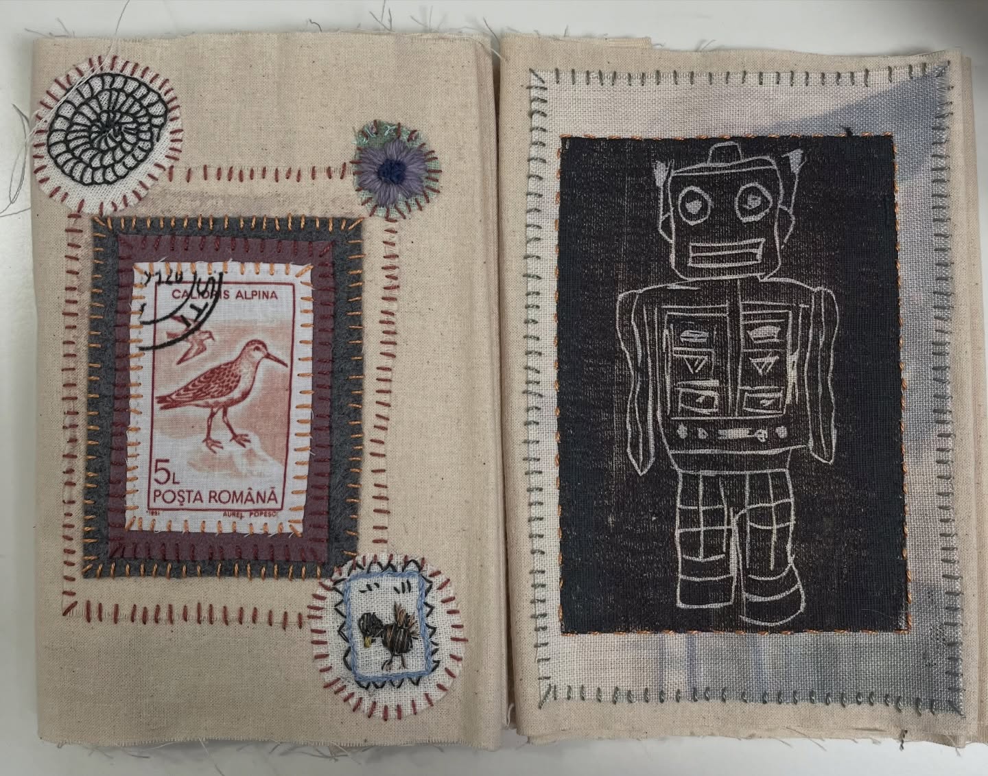 This is what I am calling the 'hobby page' from my stitched concertina fabric book. The robot is a lino cut printed on fabric that was left over from my heat transfer print workshop, I quite like the two print effect.
The robot was inspired by the arrival of Paul's robot, and the fossils, stamps, and pressed flowers were my hobbies.
You can stitch your own memories with plenty of time for planning, there are two workshop
dates, head to the website for further details.
#autobiographicalart #1970s #fossilcollector