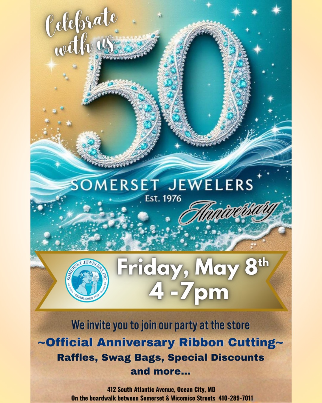 Mark the calendar ✨ Save the date for May 8th
Celebrating 50 years, Somerset Jewelers continues a legacy of timeless jewelry and unforgettable moments, made possible by generations of loyal patrons and shared milestones.
The celebration takes place from 4–7pm with an official ribbon cutting, exclusive promotions, raffles, and more to commemorate this milestone.
#SomersetJewelers #OCMDLife #OceanCityMaryland #AnniversaryEvent #50YearsStrong #JewelryStore #ShopSmallMD #OCMDShopping #CoastalStyle #CelebrateInStyle #SterlingSilver #SterlingSilverJewelry