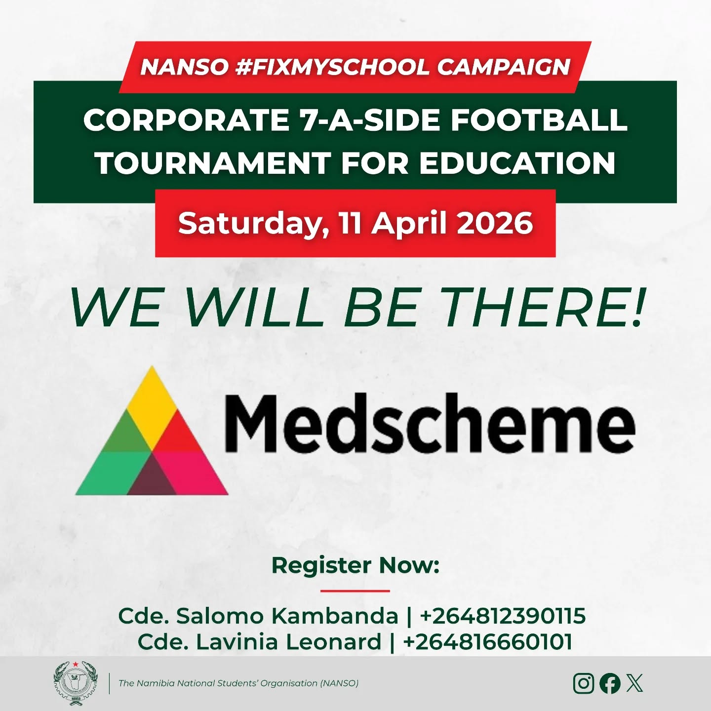 We are proud to welcome Medscheme as a participating team in the NANSO #FixMySchool Corporate 7-A-Side Football Tournament!β½
This Saturday, 11 April 2026, they will be on the pitch, trading the boardroom for the pitch, in support of Namibian school infrastructure.βπΎπ