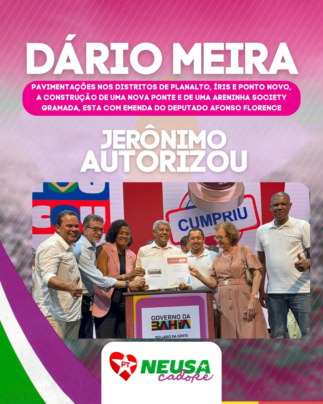 Dário Meira segue avançando! ✅ Hoje, com o governador Jerônimo Rodrigues, foram autorizadas pavimentações nos distritos de Planalto, Íris e Ponto Novo, a construção de uma nova ponte e de uma areninha society gramada, esta com emenda do deputado Afonso Florence. Mais infraestrutura, lazer e desenvolvimento para o povo, com a presença da prefeita Mari Dias!
#DárioMeira #JerônimoRodrigues #AfonsoFlorence #Bahia