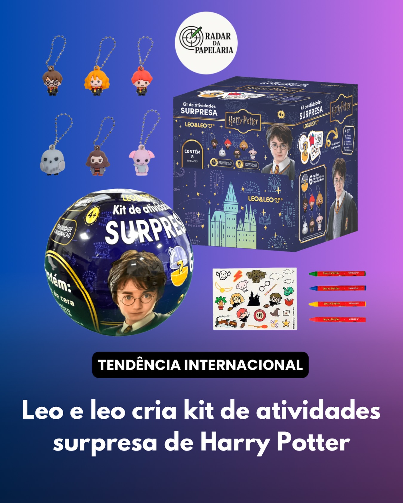 Tendência 🚨
Sucesso nos Estados Unidos, as bolinhas com conteúdos surpresa estão chegando ao Brasil. Além dos produtos importados, uma marca nacional, a Leo e Leo, também está investindo nessa tendência e criou o Kit de Atividades Surpresa Harry Potter.
Cada kit contém quatro gizes de cera coloridos, dois desenhos para colorir, uma cartela de adesivos decorativos e um chaveiro surpresa temático com personagens do mundo bruxo.
São seis opções disponíveis: Harry Potter, Rony, Hermione, Edwiges, Hagrid e Dobby. Além de entreter as crianças, o produto também impulsiona a compra recorrente, pelo desejo de completar a coleção com todos os personagens.
📡🗒️