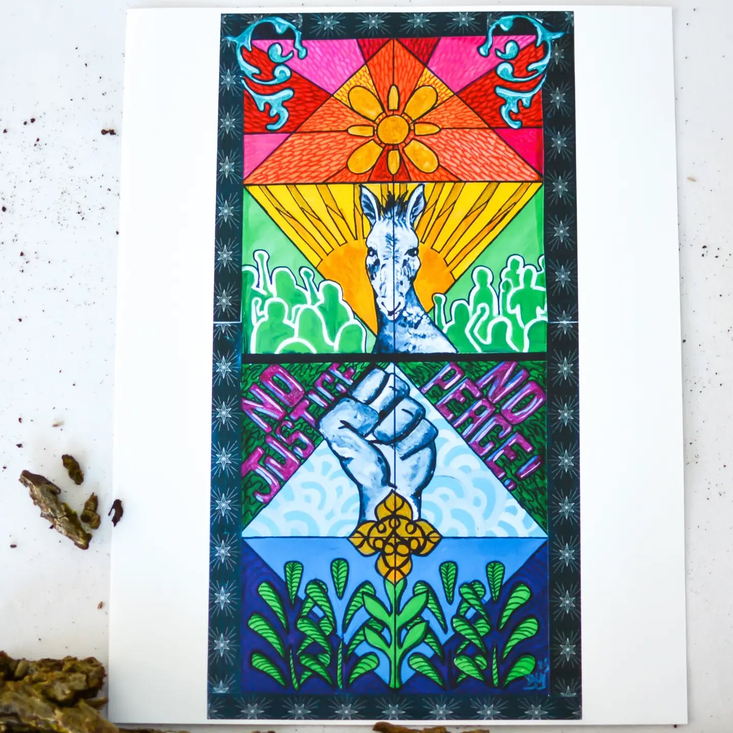 “Jesus is that King. But in an astonishing way. We know that he is ultimately on his way to the cross. His kingship, symbolized by his station upon a humble colt, is one of sacrifice and service. And yet, as Lord, he is not a helpless victim. He is in charge. He is working out God’s plan in this demonstration of royal authority. Even in the process of letting go of his life, he is in charge of the liberation of God’s people. He puts our lives before his own life.
Our calling, having recognized Jesus’ Lordship, is to emulate his regal imperative. To live our lives as he lived his, in service to—and perhaps even in sacrifice for—the lives of God’s people.”
—Rev. Dr. Brian Blount, from his commentary on Mark 11:1-11
Art: "Palm Sunday Was a Protest" by Rev. Nicolette Faison (@afr0lutheran) | @sanctifiedart