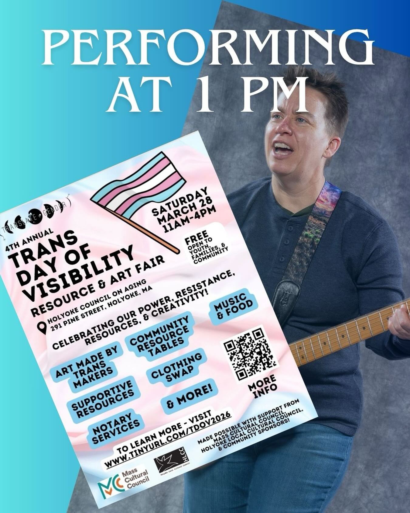 Saturday plans? Found ‘em. 🏳️⚧️✨
I’m so excited to be performing at the 4th Annual Western MA Trans Day of Visibility Resource & Art Fair this Saturday, March 28th!
I’m hitting the stage from 1:00 PM – 1:30 PM! 🎤✨
Last year over 650 people showed up for the community, and this year is going to be even bigger. Come for my set, stay for the 40+ local makers, food trucks, drag performances, and pure trans joy.
📍 Where: Holyoke Council on Aging (291 Pine St)
🗓️ When: Saturday, March 28th | 11 AM - 4 PM
🎟️ Vibe: Family-friendly & community-centered!
See you in the crowd! 🏳️🌈💖
#tdov2026🏳️⚧️ #westernmass #transdayofvisibility🏳️⚧️ #holyokema #transjoy
@translategender