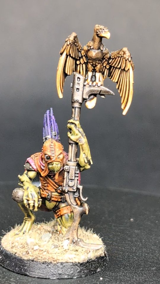 Back to the spinning series, and we visit my short venture into the world of kroot. These space aliens sure know how to style some leather and I'm here for it. And clearly so are the space vultures. Birds in space is a funny notion and one I'm going to vividly think about over the next 24 hours or so. I've just picked up a new commission for a bunch more kroot, so I'm looking forward to painting some more of these folk. And I have a feeling they might be looking forward to me painting them too