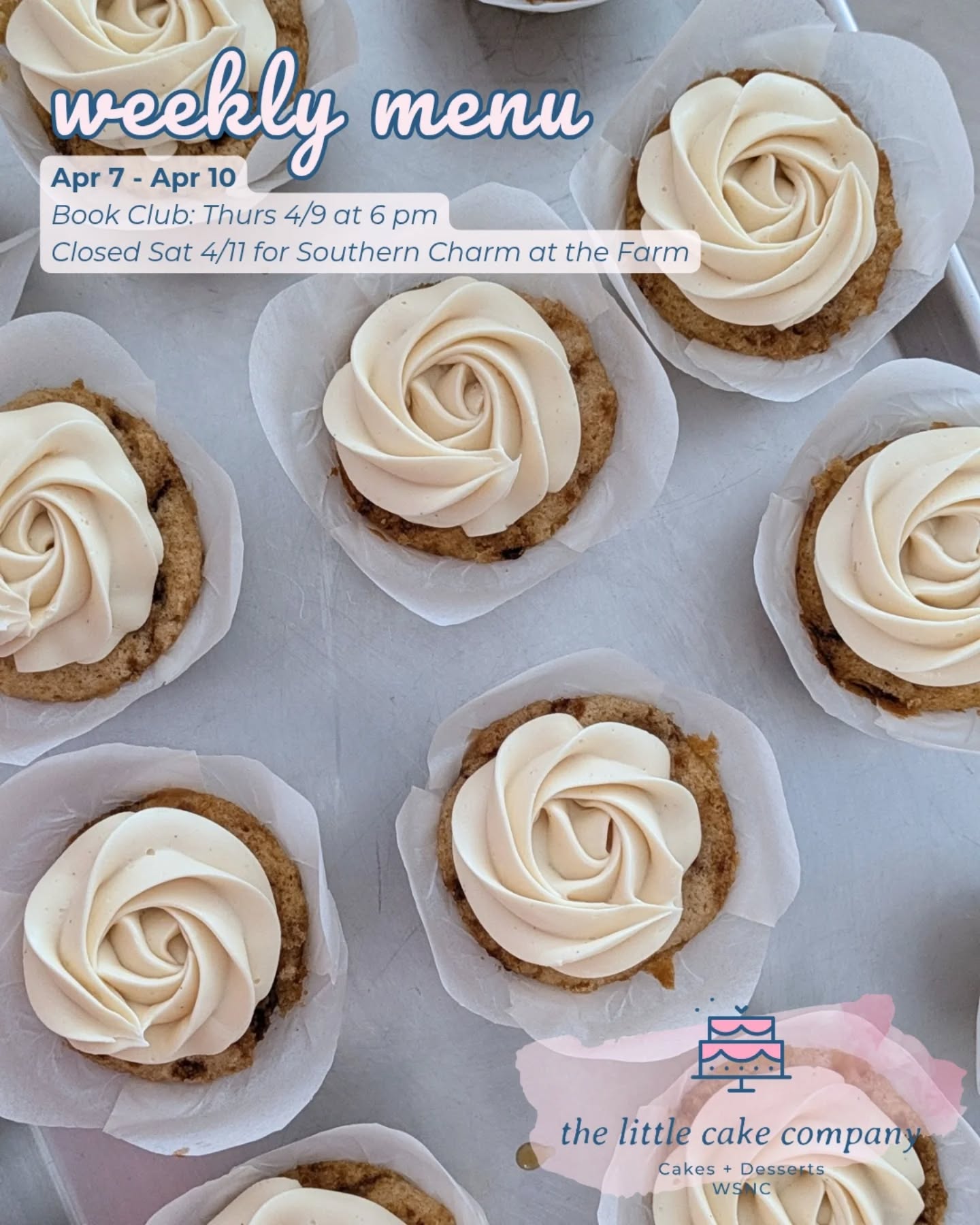 Happy Tuesday! Here's this week's menu 🍪🍰✨
📚 Book Club is this Thursday 4/9 at 6 pm! Join us to chat about The Southern Book Club's Guide to Slaying Vampires by Grady Hendrix
💕 We will be CLOSED this Saturday 4/11 for @southerncharmatthefarm at Farmington Dragway. Come out for a fun day of shopping and find us in the pink tent with lots of sweet treats!