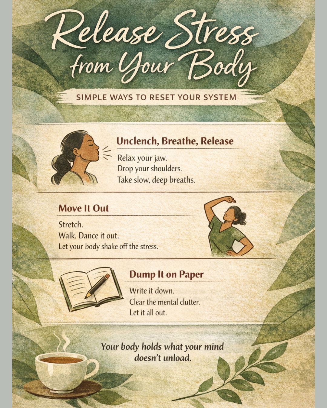 Some of us don’t need a whole life reset, we just need a moment to come back to ourselves 🌿
Here are 3 simple ways to lower stress that you can do today:
✨ Unclench, breathe, release
Relax your jaw. Drop your shoulders. Take a slow breath.
✨ Move it out
Walk, stretch, dance it out. Let your body release what it’s holding.
✨ Dump it on paper
Write it down. Clear the mental clutter. Get it out of your head.
Nothing complicated. Nothing expensive. Just small shifts that actually help.
Your body holds what your mind doesn’t unload 💛
#StressAwarenessMonth #SlowDown #ProtectYourPeace #CommunityCare