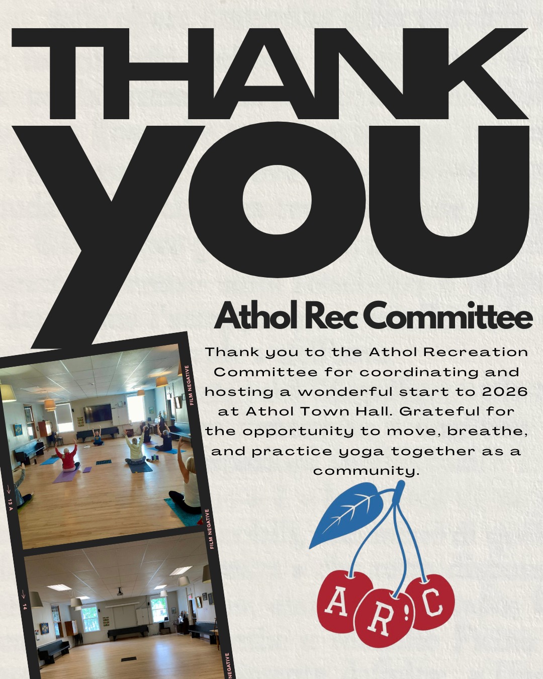 The first three months of 2026 at Athol Town Hall have been truly special.
Each week, this beautiful community space filled with movement, laughter, quiet focus, and the shared intention to simply feel better in our bodies. Watching familiar faces return, new participants join in, and everyone support one another has been such a meaningful reminder of what yoga is really about: connection, consistency, and showing up just as you are.
A heartfelt thank you to the Athol Recreation Committee for coordinating and hosting these sessions, and for continuing to create opportunities that bring our community together.
And thank you to everyone who rolled out a mat, tried something new, or made time for themselves during these winter months. It has been a privilege to guide you.
Looking forward to continuing to move, breathe, and grow together in the months ahead.