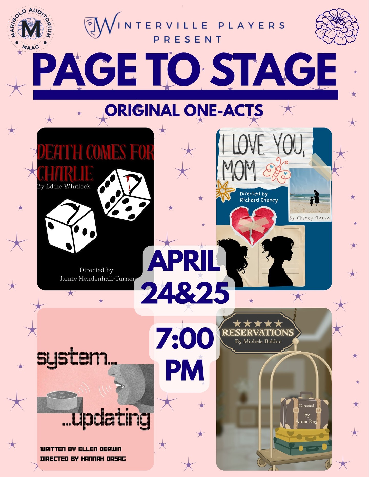 Coming the last weekend of April:
See Page To Stage! A collection of 4 original one-act productions by local playwrights, produced by the Winterville Players