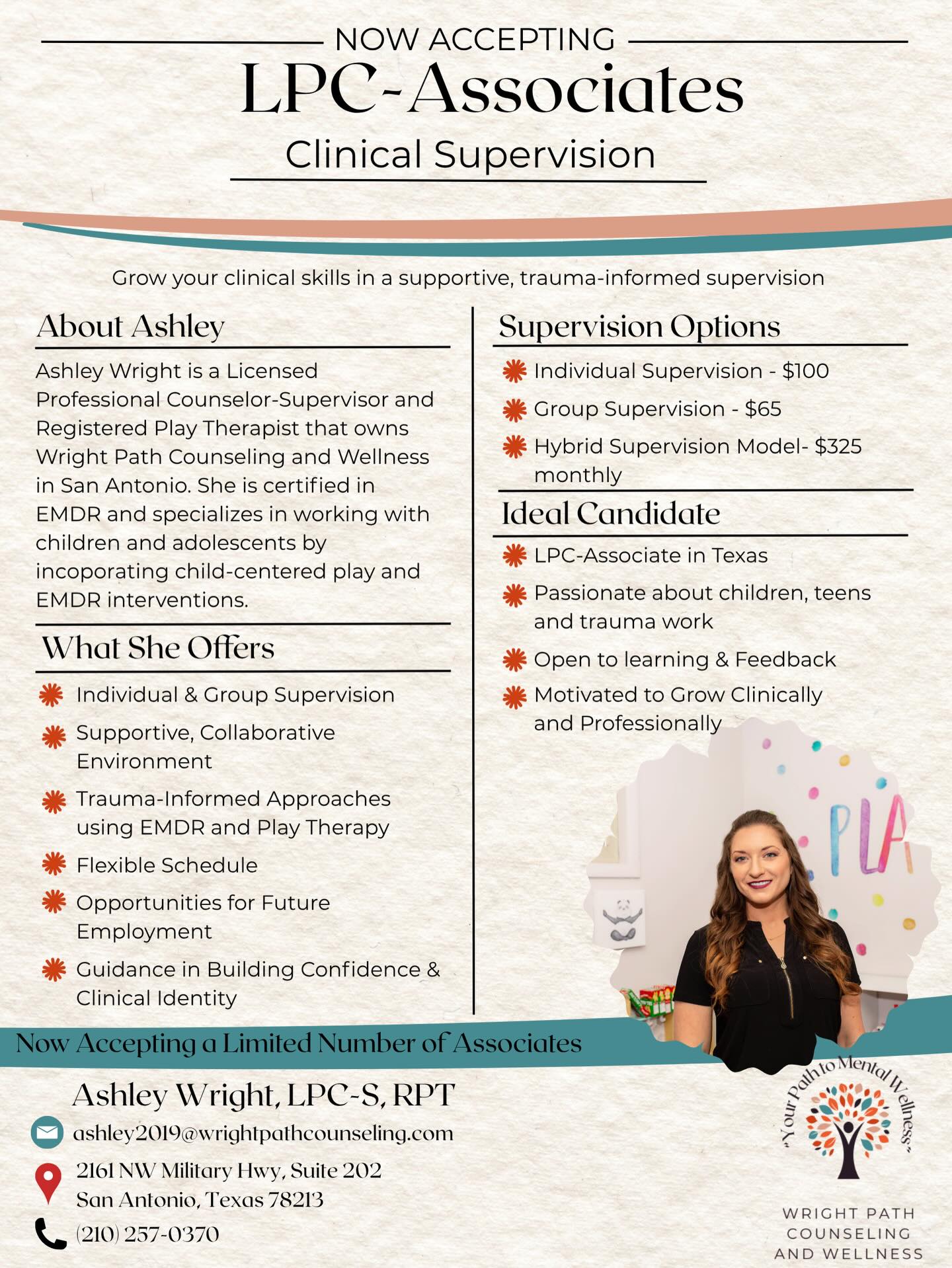 I’m excited to share that I’m now accepting LPC-Associates for clinical supervision at Wright Path Counseling and Wellness 🤍
Supporting clinicians as they grow into confident, ethical, and grounded therapists is something I care deeply about. If you’re looking for a space where you can learn, be supported, and build your clinical voice—I’d love to connect.
Supervision options + potential future opportunities within the practice are available for the right fit.
📧 ashley2019@wrightpathcounseling.com
📍 San Antonio, TX