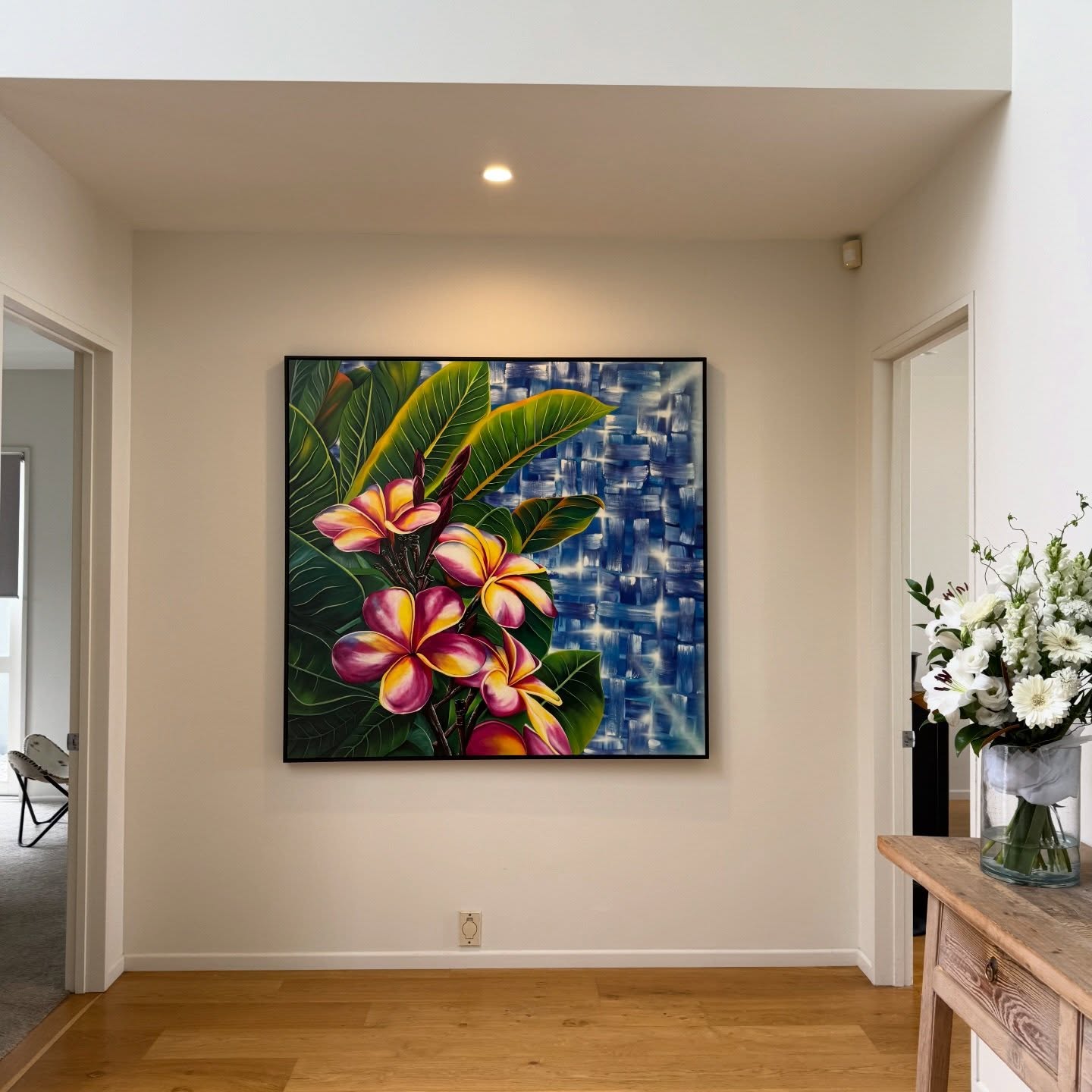 Such a special commissioned painting created for a beautiful home in Stanmore Bay.
The homeowner is originally from Fiji. She grew up in New Zealand but still holds a deep love for her roots and culture. That is something we have in common—Fiji is also a very special place in my heart.
With that connection in mind, my heart and creativity naturally flowed into these beautiful frangipani flowers, a symbol of Fiji’s warmth, beauty, and spirit. The background was inspired by traditional Fijian weaving, where women use their hands to create meaningful crafts passed down through generations.
I chose rich blue tones to bring a sense of calm, ocean energy, and peaceful vibes into the home. Perfect for this house with a stunning ocean view.
This painting is named “Loloma,” which means love in Fijian—a reflection of the connection, culture, and heartfelt intention behind this piece.
It was an honour to create this artwork, filled with love, memories, and meaning. 🌺💙
#fiji #frangipani #commission #artwork
@framesbydaniel