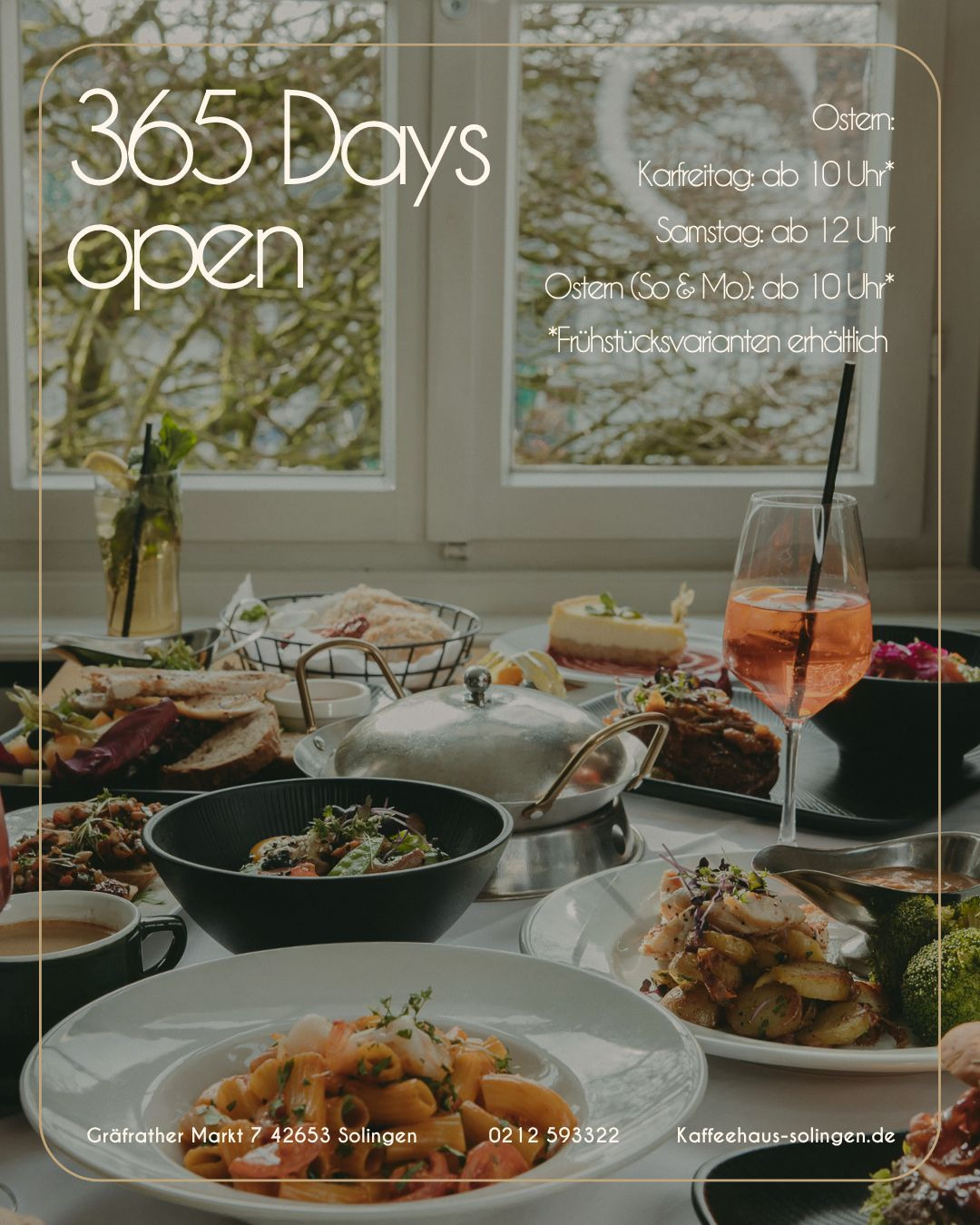 🌟 365 Tage Genuss im Kaffeehaus! 🌟
Genießen Sie jede Tageszeit bei uns – ob beim gemütlichen Frühstück, zu einem herzhaften Mittagessen oder beim entspannten Brunch am Wochenende.
✨ Öffnungszeiten an Ostern:
- Karfreitag: ab 10 Uhr
- Samstag: ab 12 Uhr
- Ostermontag (So & Mo): ab 10 Uhr