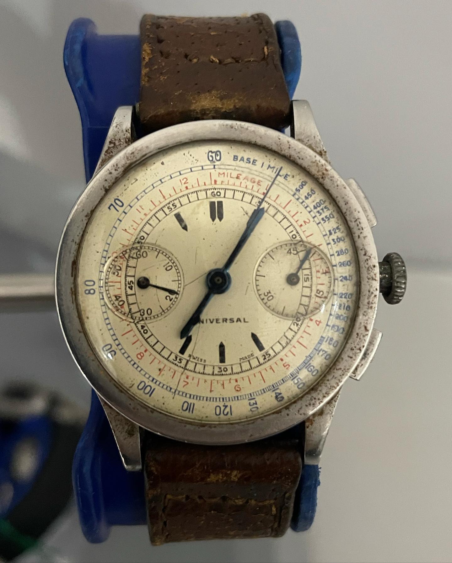 Universal chronograph worn in WWII when a customer grandfather was sadly shot down flying a Spitfire. The watch in its original condition, salt damage from when the plane went down in the sea. Ticking again ready to be handed down in the family