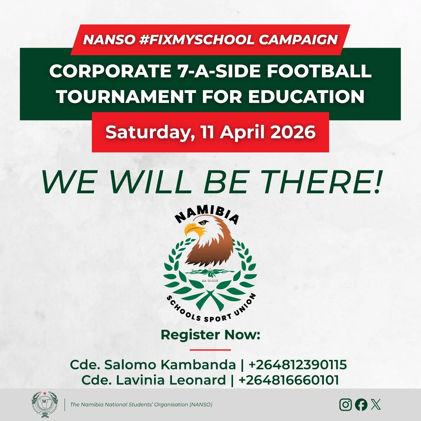 We are proud to announce that the Namibia Schools Sport Union (NSSU) has officially registered for the "Fix My School" 7-A-Side Tournament.
From championing school sport across Namibia to stepping onto the field for education, NSSU is proving that when our institutions lead, our Learners win. By showing up where it matters most, they are directly ensuring that no child in Namibia has to learn while sitting on the floor. 💚✊🏾