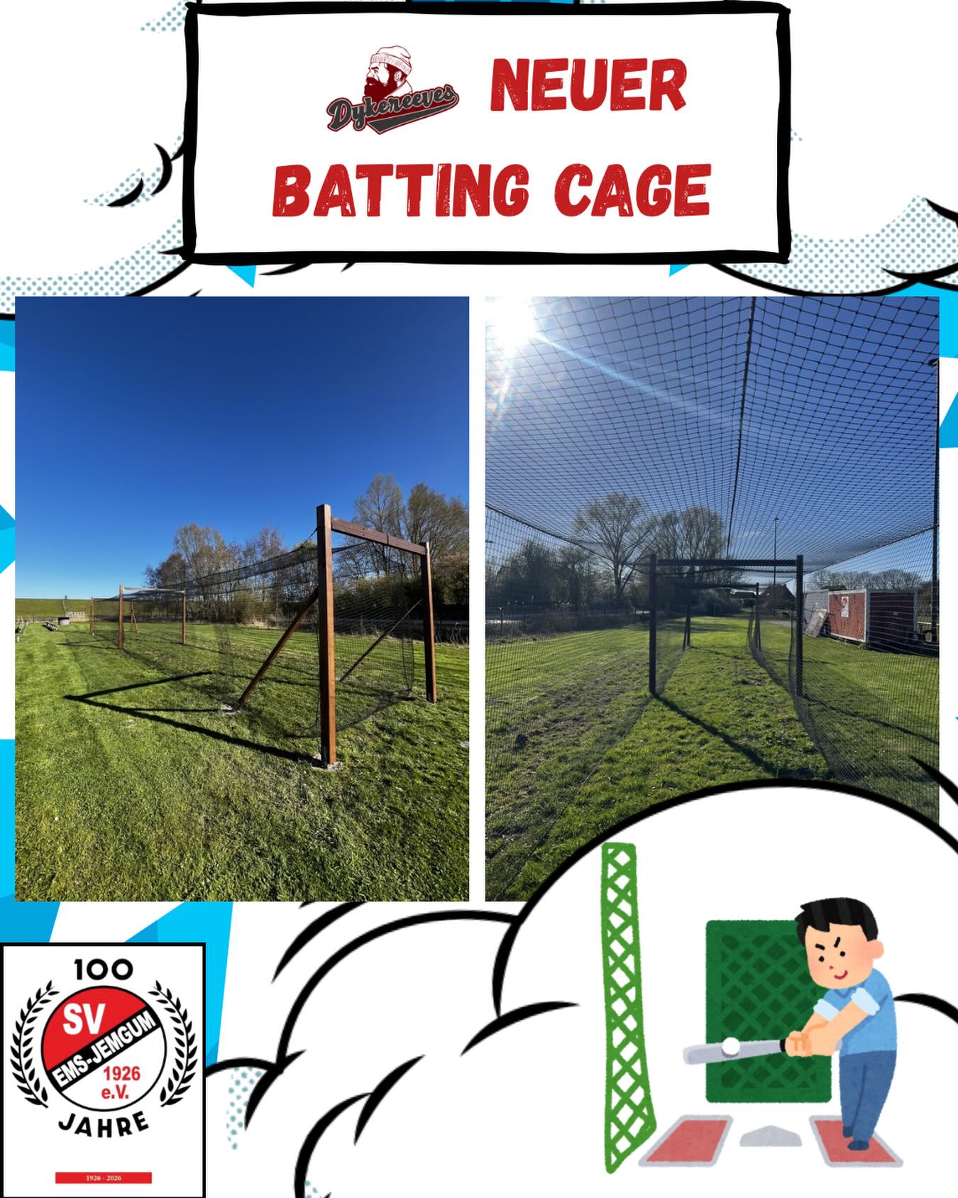 Wieder ein Neuzugang auf dem #auntemmafield.
Wir haben die Mannschaftskasse geplündert und unter der Regie von Hilli einen neuen Batting Cage errichtet. Dieser ist jetzt deutlich stabiler und hält dem Wind besser stand als die Standardversion.
Danke, Hilli!
#dykereeves
#deichgrafen
#baseballinjemgum
#neunzehn26