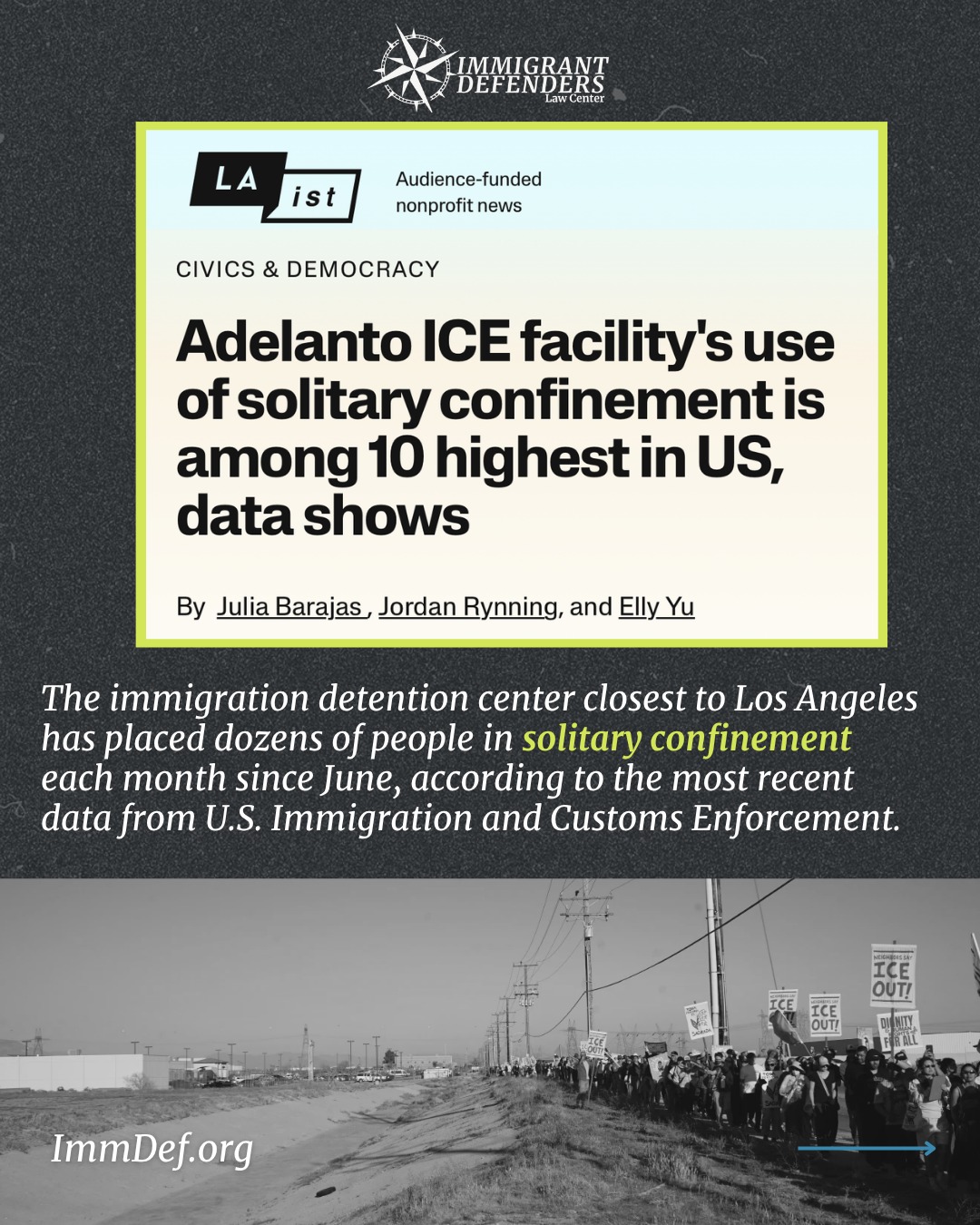 Inexcusable: solitary confinement is being implemented among the highest rates in the country at Adelanto’s ICE prison, the Los Angeles area’s closest immigration detention center.
New data analyzed by @LAist shows Adelanto now ranks among the top 10 ICE detention centers in the country for solitary confinement use.
“When people are placed in isolation at Adelanto, they’re typically in the same cell for 23 hours per day, unable to receive visits from their families," Alvaro M. Huerta, director of litigation and advocacy at Immigrant Defenders Law Center, told LAist. "For clients who are experiencing mental health challenges — especially those with suicidal thoughts — being placed in solitary confinement can really exacerbate their condition.”
These conditions are at the center of our federal lawsuit, LT v. ICE challenging inhumane treatment at the Adelanto ICE Processing Center.
📲Learn more about the case: immdef.org/ltvice
🔗Read the full article via @LAist: https://laist.com/news/politics/adelanto-solitary-confinement-data