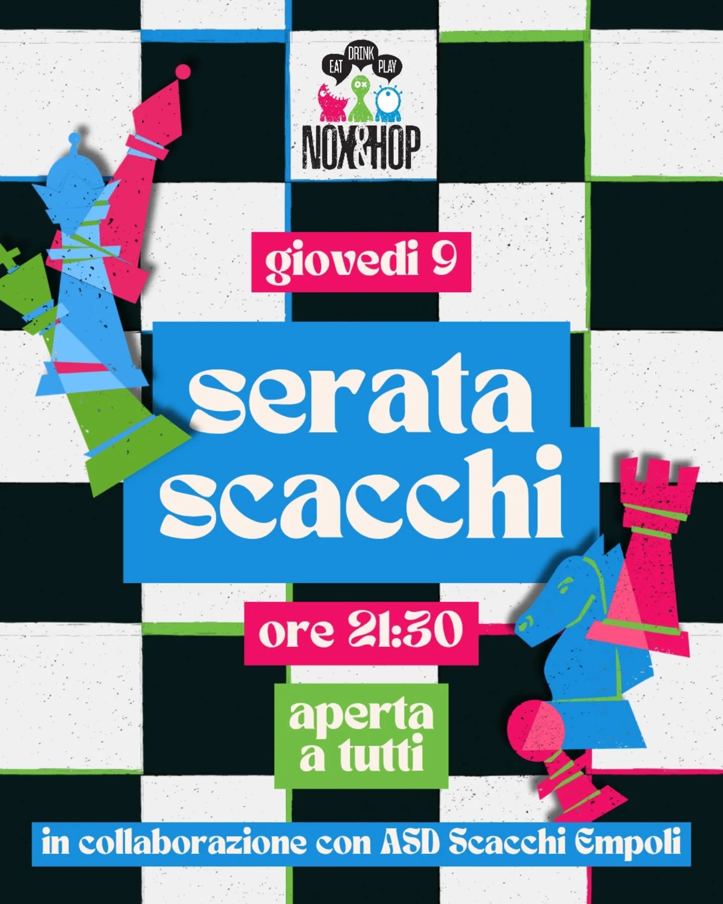 Cerchi qualcuno con cui giocare a scacchi? ♟️
È un gioco che ti appassiona o ti incuriosisce?
Giovedì 9 aprile torna la nostra serata mensile con l'Associazione Scacchi Empoli
Mettiamo a disposizione scacchiere, conoscenza e voglia di giocare! 🔥 È un evento aperto a chiunque, dai super principianti ai più esperti
INFO
📣 serata scacchi
📅 giovedì 9 aprile
🕤 ore 21:30
Aperta a tutti!
🤗 principianti
😎 esperti
🤓 chi vuole imparare
👥 chi cerca nuovi avversari/compagni di gioco
Non occorre prenotare e non devi portare nulla!
Vieni, gioca e bevi en passant 🍻
A cura dell'Asd Scacchi Empoli 🙏
📍Nox&Hop ludo pub a Limite sull'Arno (FI)