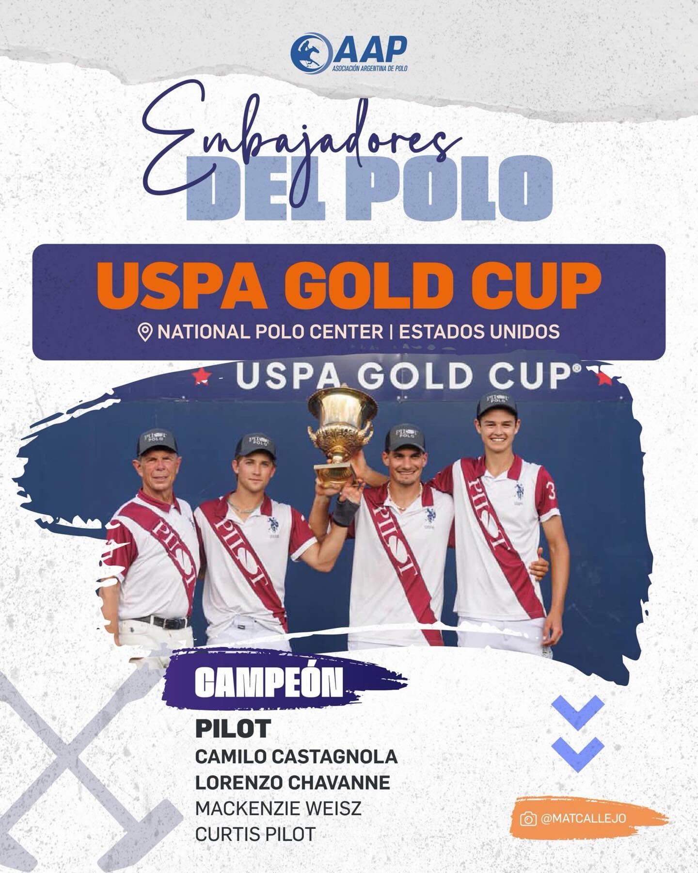 Pilot venció a La Dolfina Scone por 10-6 y se adjudicó la USPA Gold Cup, que junto con la C.V. Whitney Cup y el US Open Polo Championship —la máxima cita del polo estadounidense—, integra la serie que marca el segundo escalón hacia el objetivo principal del año.
El equipo campeón estuvo conformado por :
Curtis Pilot (0)
Camilo Castagnola (10)
Mackenzie Weisz (6)
Lorenzo Chavanne (7)
Total: 23
Mientras que La Dolfina Scone formó con Poroto Cambiaso (10), Jesse Bray (7), David Paradice (0) y Rufino Merlos (6). Total: 23
El certamen reunió a diez equipos de hasta 22 goles de hándicap, divididos en dos zonas. La final en realidad estaba prevista para el 29 de marzo pero debió postergarse por intensas lluvias.