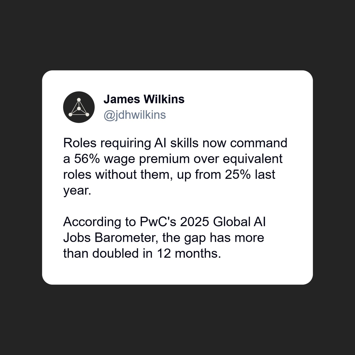 The AI skills premium just doubled. 56% wage gap over equivalent roles without AI skills, up from 25% last year.
But the real story is the productivity gap - a sixfold difference between the most active enterprise AI users and everyone else.
It's not about having access, but rather depth of use. And that takes time to build.
The workers who started earlier have a head start that's getting harder to close.
Pick one manual task. Do it through AI every week for a month. That's the investment.
Full breakdown in Issue 001 of my newsletter - link in bio.