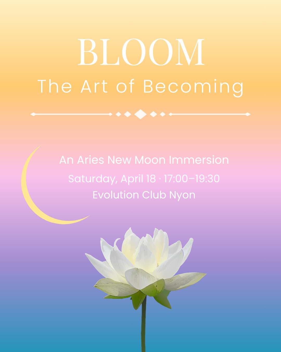 🌺 Bloom ~ The Art of Becoming 🌸
A New Moon Ceremony in Aries 🌙✨
Join us for a heart-opening evening under the energy of the Aries New Moon, a very potent time of new beginnings, to plant seeds of intentions, and blossom into your next chapter 🌼
This very special intimate experience will include:
✨ Ceremonial cacao to awaken the heart
✨ A guided intention-setting ritual
✨ Active Meditation & embodiment practices
✨ Ritual practices to bring your vision into action
✨ Surprise takeaways to support your journey beyond the ceremony
This New Moon invites bold new beginnings, clarity, and aligned action. Come as you are & leave with intention, purpose and renewed energy 🥰
📍We will meet at the cosy @evolutionclub.dmk
🗓️ Saturday April 18th from 17:00-19:30
🌅 Energy exchange CHF 88
👉 book your spot either via mail cynthia@samanvayayoga.com / or whatsapp 078 876 7701 or simply DM me right here 🙏
❣️ Only 12 spots available❣️
#NewMoonRitual #SeedsOfIntention #CacaoCeremony #YogaNyon #YogaJustLove