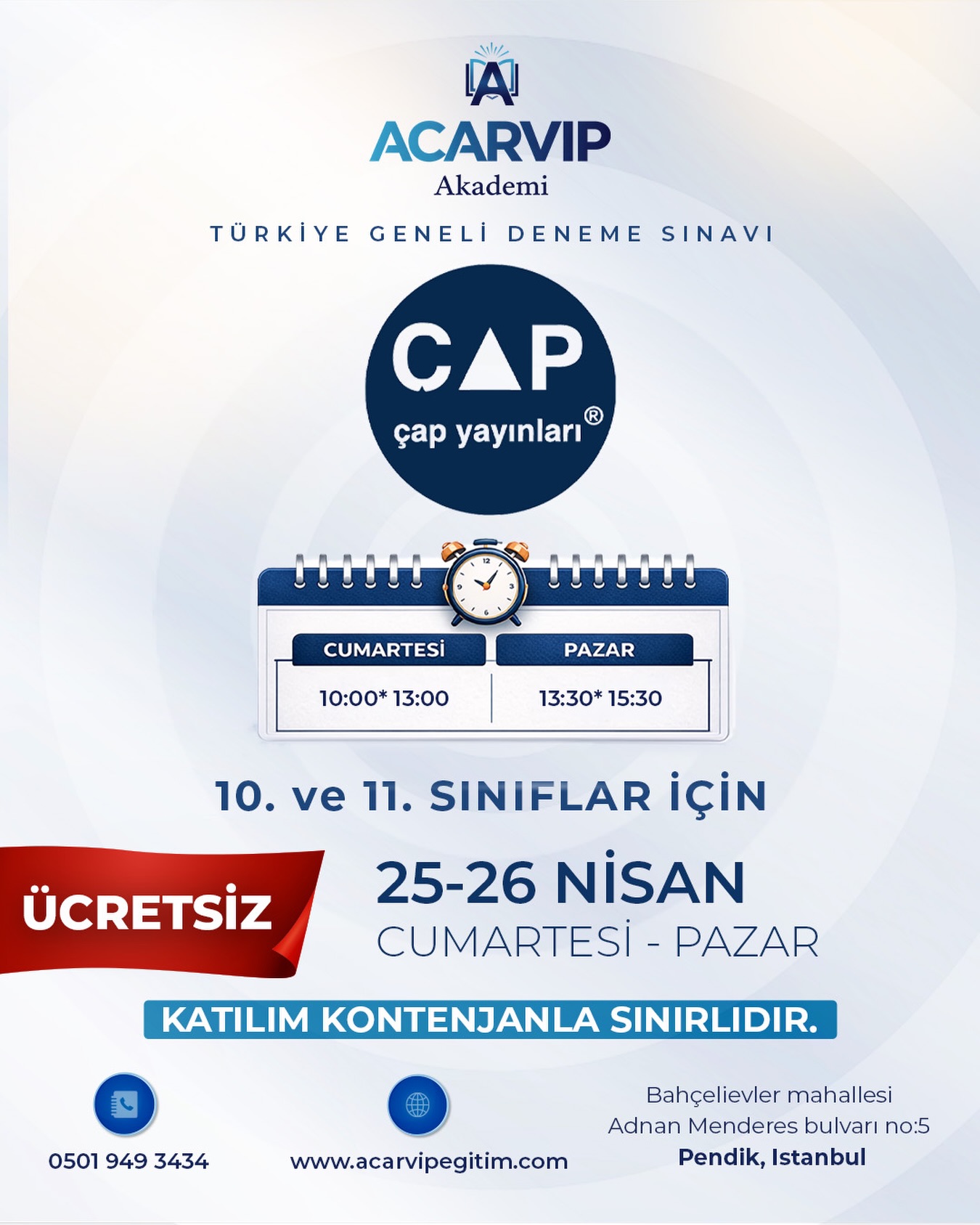 Başarıya bir adım daha yaklaş! 📚✨
10. ve 11. sınıflar için Türkiye geneli deneme sınavında kendini dene, seviyeni gör ve fark yarat! 🚀
📅 25-26 Nisan
🆓 Ücretsiz & kontenjan sınırlı!
@capyayinlari
👉 Hemen yerini ayırt, fırsatı kaçırma!
#denemesınavı #yks2026 #öğrencibaşarı #acarvip #ücretsizeğitim