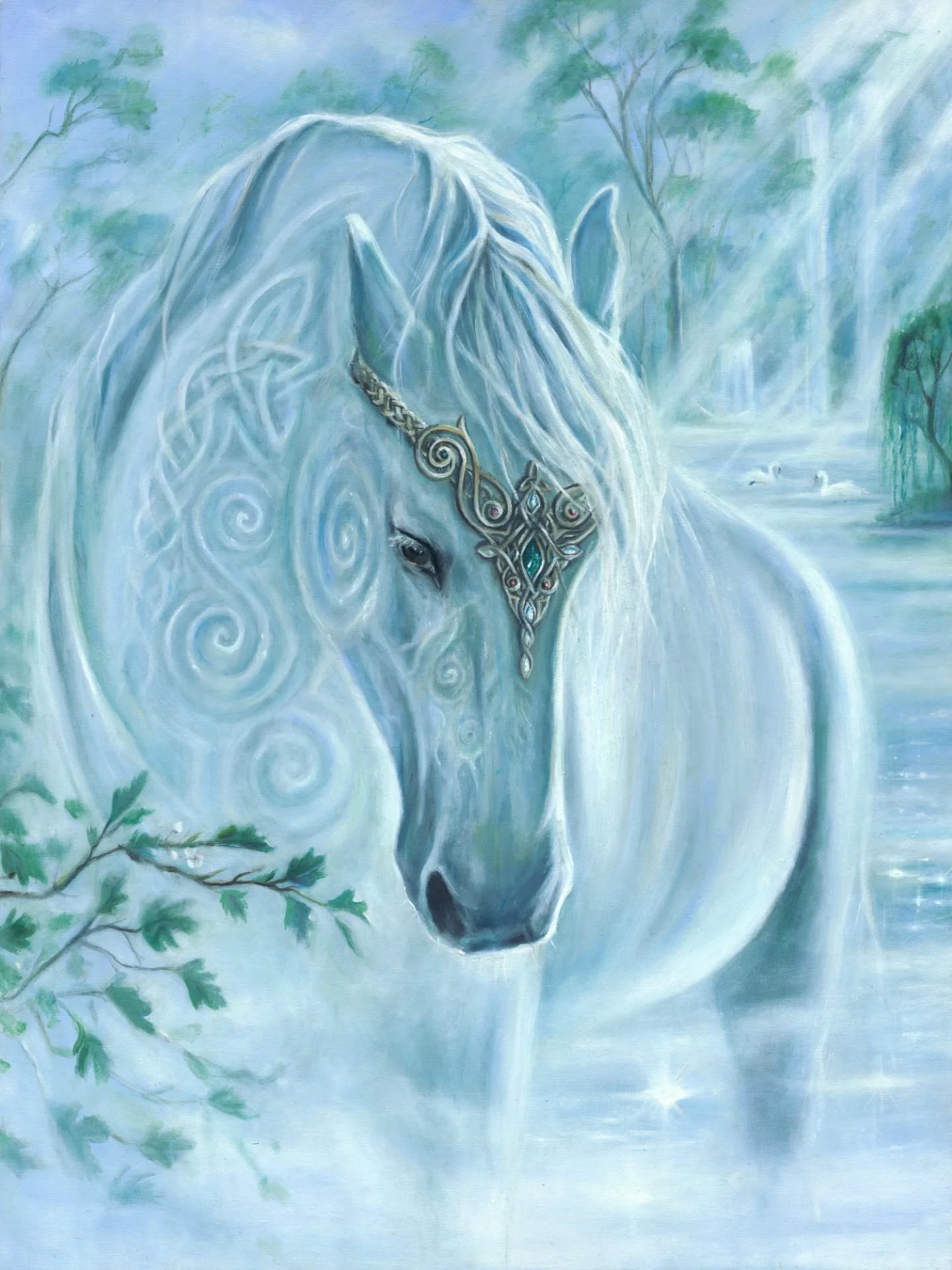 Macha came to me first in a vision just as I woke, appearing as a white horse, her head gently lowered, turned slightly to the side. At the time, I had never even heard of Macha.
That same day, my dad had planned a journey for us to go on together tracing our ancestors - from the south, across the border, all the way to Emain Macha, her hill.
In the vision, she revealed her crown. And in that moment, I glimpsed something beyond this world - an ethereal realm, vast and otherworldly. She existed as both horse and woman at once, shifting yet whole, grounded yet divine.
I didn’t understand what I had seen until later, in a conversation with my dad about the myths of Emain Macha. Only then did it all begin to make sense.
This piece leads into the final painting in my Macha series - her portrait.
Wish me luck!
'Macha Series: In the Light'
60 x 80cm
Oils on Canvas
Prints of this painting are available on my website mariajohnstonartist.com (link in my bio)
Thank you all who engaged and sent lovely comments on my last post where I revealed the painting 🤍✨️😊
#macha #mythologicalart #irishmyth #irishartist
#visionaryart