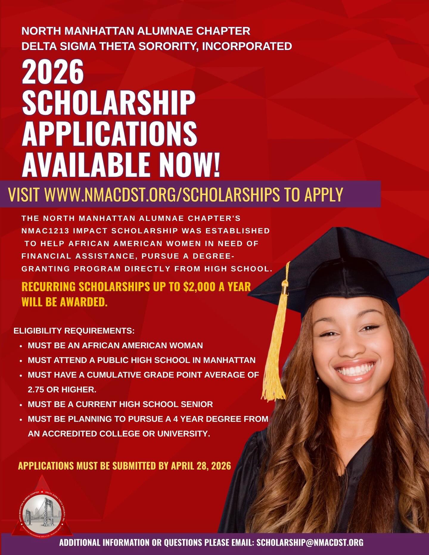 The North Manhattan Alumnae Chapter of Delta Sigma Theta Sorority, Inc. is now accepting applications for the 2026 scholarship season!
Deadline: April 28, 2026โจApply now: www.nmacdst.org/scholarships
Tag a student who should apply or share to spread the word!
#DST1913 #NMAC1980