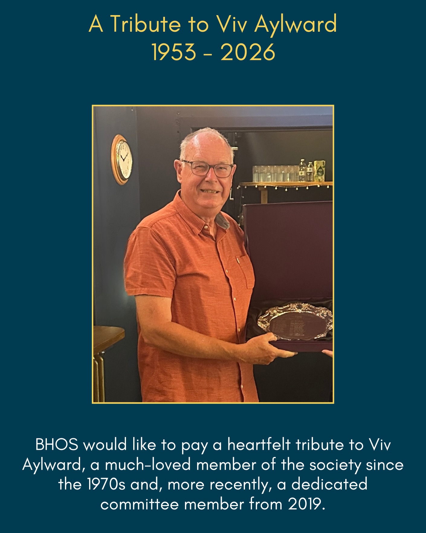 Today, along with his friends and family in a wonderful service of memories, sadness, celebration & laughter, BHOS said a final ‘so long, farewell’ to Viv Aylward, a much-loved member of the society since the 1970s and, more recently, a dedicated committee member from 2019.
Over the decades, Viv played many roles within BHOS, including wardrobe, props, production assistant and Front of House Manager. He also graced the stage in numerous productions throughout the 1970s and 80s, bringing enthusiasm, character and great enjoyment to every show he was part of.
In more recent years, Viv had been a member of our wonderful Musical Theatre Choir, he coordinated our Front of House volunteers, and was truly at the heart of keeping everything running smoothly for our audiences. His dedication, reliability and willingness to help wherever needed made him an invaluable part of the society.
Viv will be remembered not only for everything he did for BHOS and The Hub, but also for the person he was. A wonderfully witty character, he had a natural way of making people laugh and lifting the spirits of those around him. His humour, kindness and presence will be deeply missed by all who knew him.
We would like to say a heartfelt thank you for everything Viv gave to BHOS, its members and the wider community over so many years. He was truly a shining star of our company and a dear friend to many.
With love from Michelle, and the BHOS Committee
xx