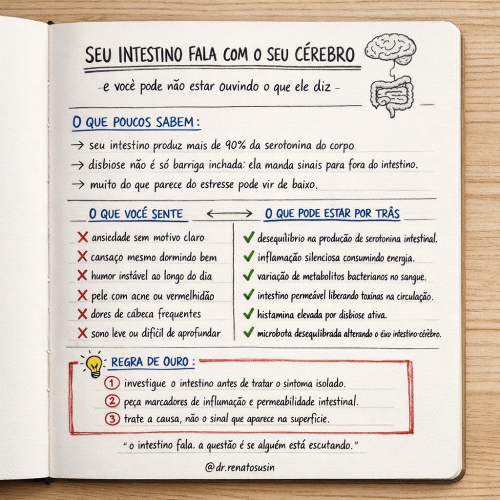 Você não tem "problema de ansiedade". Você pode ter um problema de intestino.
Parece exagero? Deixa eu te explicar.
Seu intestino produz mais de 90% da serotonina do corpo. Quando a microbiota está desequilibrada, essa produção falha, e o cérebro sente.
O resultado aparece como ansiedade, cansaço que não passa, humor instável, pele inflamada, dores de cabeça frequentes, sono que não descansa.
Sintomas que parecem não ter nada a ver com o intestino. Mas têm.
A maioria das pessoas trata cada um desses sintomas separado, com remédio separado, sem resultado duradouro. Porque ninguém investigou a causa.
Salva esse post. E manda para aquela pessoa que vive no médico tratando sintoma por sintoma e nunca melhora de vez.
👇 Qual desses sintomas você mais reconhece? Comenta aqui embaixo.
Dr. Renato Susin
Médico Nutrólogo | Medicina Funcional Integrativa | Metabolômica
CRM-SC 22635 | RQE 19766 | RQE 20473