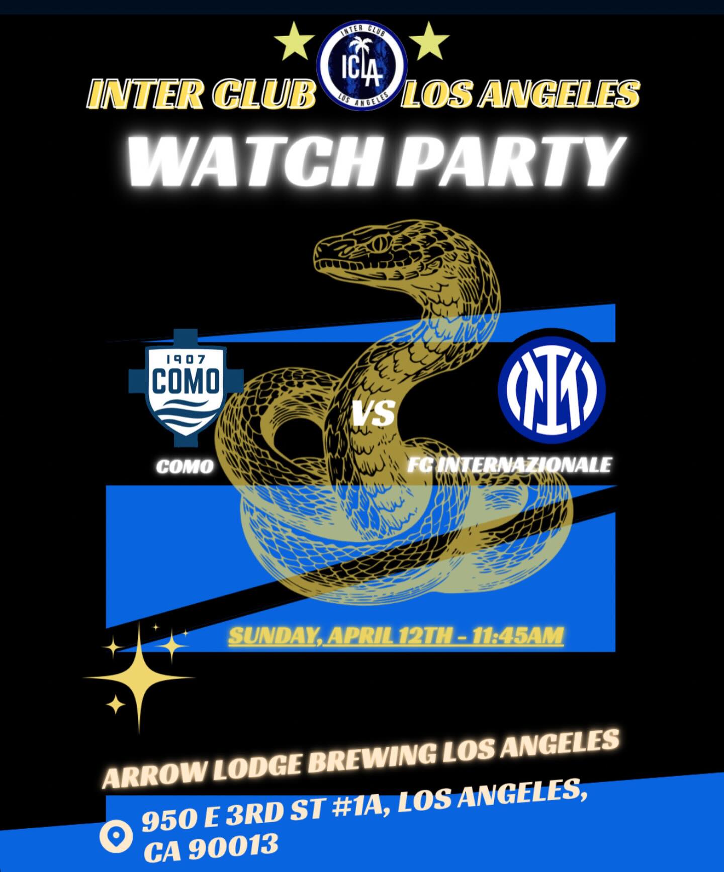 Good morning Interisti,
Como - FC Internazionale
Sunday, April 12th - 11:45am
Will be hosted at the Arrow Lodge Brewing Los Angeles:
950 E 3rd St #1A, Los Angeles, CA 90013
FORZA NERAZZURRI! ⚫️🔵
#inter #fcinternazionale #intermilan #interclublosangeles