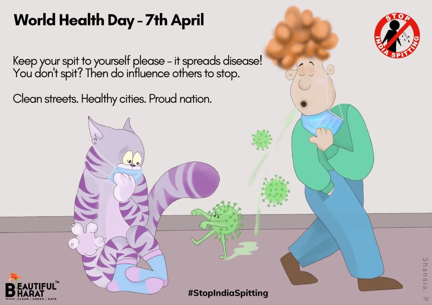 "World Health Day, April 7th, is a good day to send out reminders that public spitting is a leading cause of disease spread. How much healthier and cleaner a nation we would be if this habit could be curbed!
Indeed, doctors themselves say that less spitting would immediately see a reduction in disease spread, because saliva is a major carrier of many bacteria and viruses too.
Please do support the #StopIndiaSpitting movement - we need your help to create awareness of the link between spitting and disease among habitual spitters, many of whom do not know this. Let's politely request, explain and remind whenever we see someone spitting or with pre-emptive conversations. This approach is showing results and helping drive the change on ground, one conversation at a time.
Many thanks to @the_phosphene_painter for this interesting art created specially for the StopIndiaSpitting movement.
#StopIndiaSpitting
#SpitKills
#WorldHealthDay
#BeautifulBharat
BeTheChange