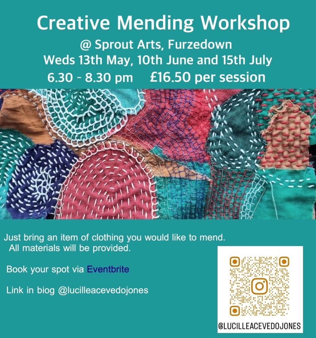 Creative Visible Mending Workshop: learn a mending technique and save your clothes from landfill. Lucille Acevedo-Jones, a costume designer, maker and sustainability advocate, will lead this workshop in creative mending and free-form embroidery. She is passionate about inspiring people to make sustainable choices and keep their clothes out of landfill. Caring for our clothes is a radical act of resistance. Hand sewing forces you to slow down, to have time to think, reflect, to connect with the rhythm of your own body and to cultivate patience. Hand sewing with others also offers the opportunity to connect with community and perhaps make new friends!
Suitable for anyone, whether you have been sewing for years or are yet to pick up a needle and thread. Bring an item of clothing you would like to mend: there will be an array of tools, materials, sample pieces and books available to inspire you. Lucille will guide and advise you in your choice of mending technique which could include: darning, patching, free form embroidery, sashiko and boro.
Book your spot now - link in bio