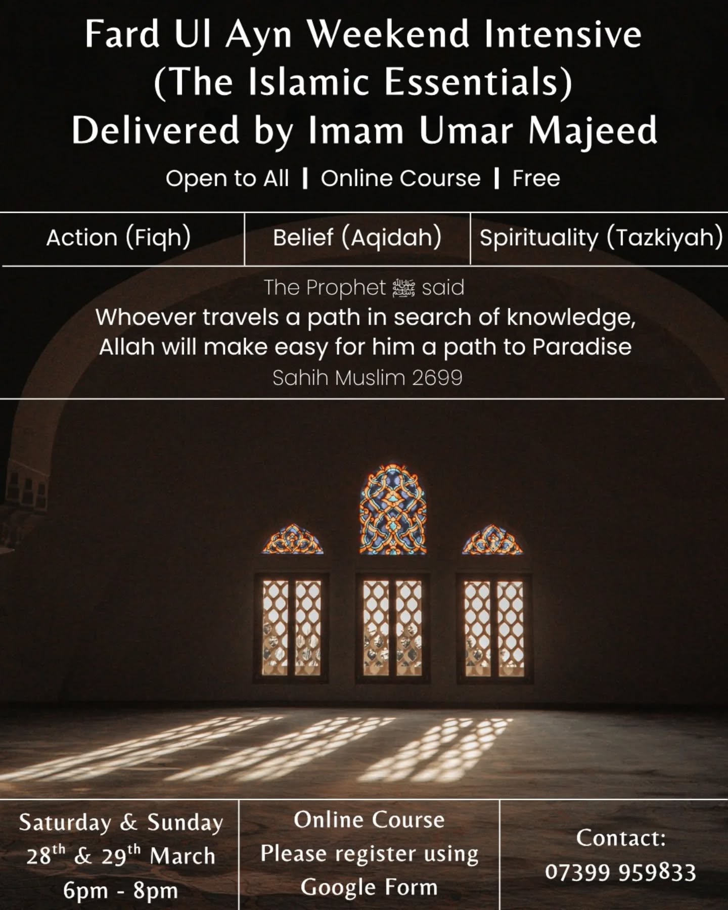 In an age of confusion, returning to the essentials of Islam is not optional, it is necessary.
Join the Islamic Institute of Current Affairs this weekend as we revisit the core foundations of the religion, belief, action, and spiritual refinement, grounding ourselves in what every Muslim must know.
📅 Saturday & Sunday (28th & 29th March)
⏰ 6pm – 8pm
📖 Fiqh | ʿAqīdah | Tazkiyah
🎓 Delivered by Imam Umar Majeed
💻 Online & Free to attend
Register via the link below or in bio:
https://forms.gle/xRYDDNn54qj4Yafa6
#islamiclearning #islamiccurrentaffairs