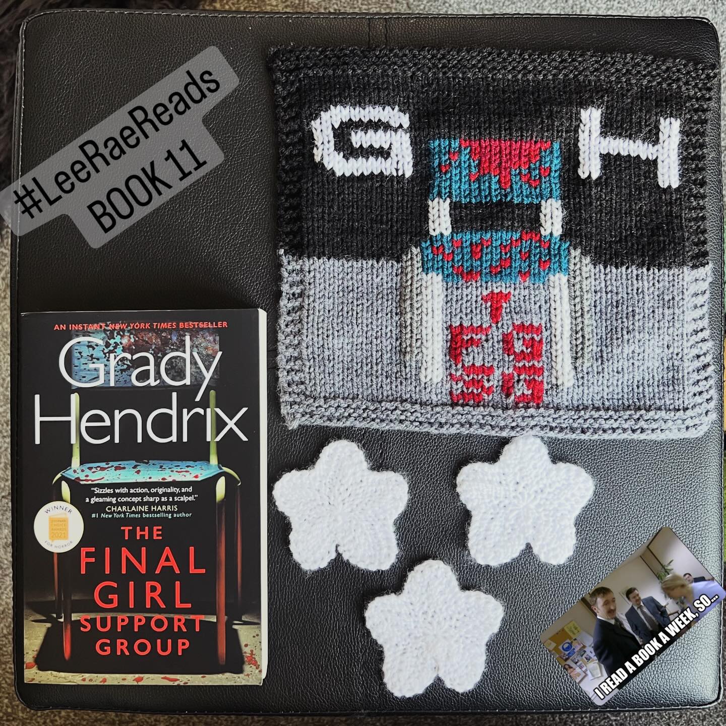 📕 BOOK 11 - The Final Girl Support Group by Grady Hendrix
📖 A few too many threads to keep track of to fully enjoy, but worth the read.
3 stars. ⭐️ ⭐️ ⭐️
🧶 Knitting Notes: Duplicate stitch details on a 39x50 stockinette square with 4-row/3-stitch garter border.
#LeeRaeReads #52Books1Year #biblioblanket @lee_raerae