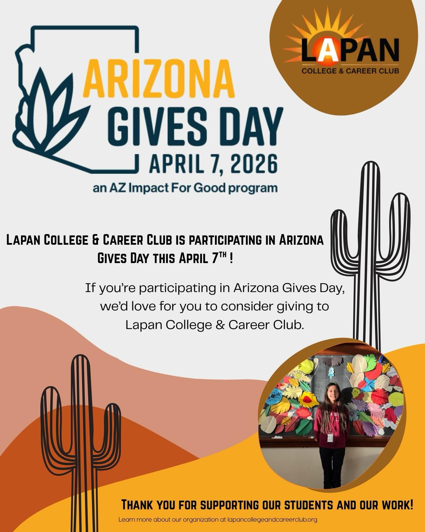 Arizona Gives Day is here!! At LC3 every dollar stays in Tucson and goes directly to powering our free after-school programs. Through soccer, robotics, music, art, pet therapy, and mentoring we provide a space for students to belong and dream about their future.
Give at Arizonagives.org and search Lapan College and Career Club 🧡