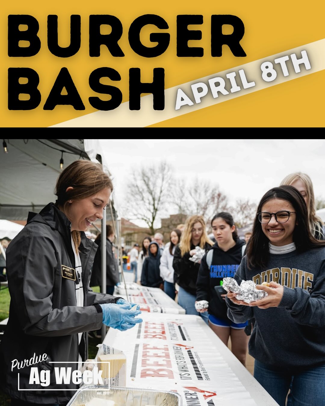 We are excited to see you on Memorial Mall for Burger Bash and the Ag Expo! 🍔🌾
-
Make sure to grab a delicious burger and dive into the agriculture industry.
-
Don’t forget promo drops happen at 10 a.m. and 1:00 p.m. You don’t want to miss your chance to get some cool Ag Week swag and engage with all the expo booths!
-
#purdueagweek #burgerbash #educate #engage #inspire