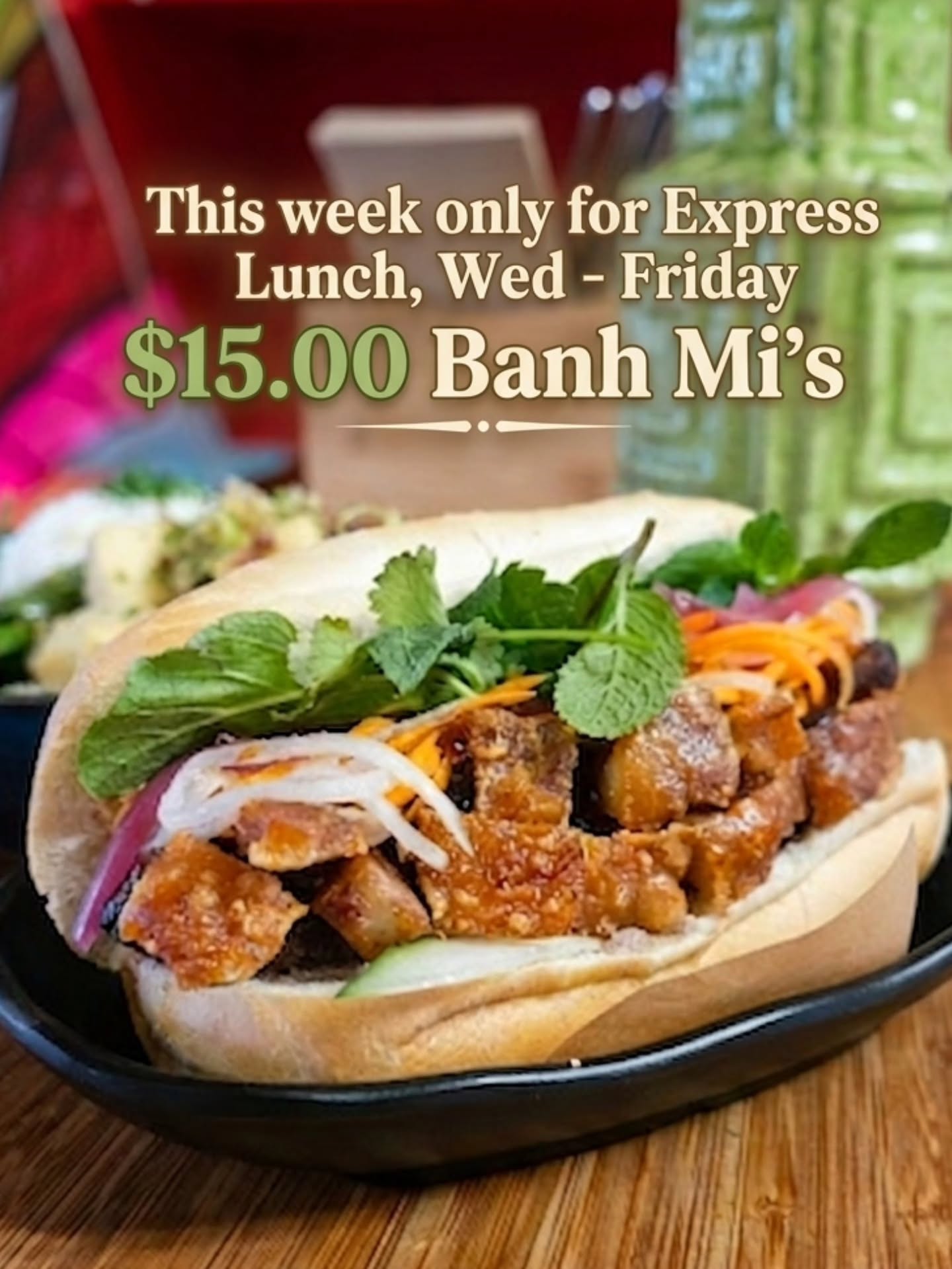 We have brought back the $15.00 Bánh Mì this week for the school holidays (lunch only), available for dine-in or takeaway. Get yours before the ⛈️. Peace, love, and mung beans. #lunch