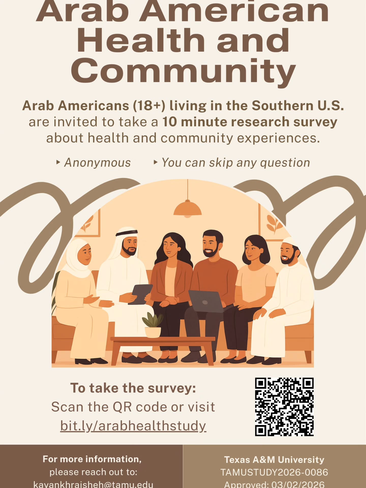 We’re continuing our AAMHA Research Spotlight series to uplift and support research centered on Arab and Arab American mental health and health experiences, an area that remains deeply underrepresented in academic literature.
This featured project highlights dissertation research led by Kayan Khraisheh, a PhD candidate at Texas A&M University. This study explores Arab American health and community experiences, aiming to better understand how identity, environment, and regional context shape overall well being.
Who can participate:
• Arab Americans
• 18 years or older
• Currently living in the Southern United States (Alabama, Arkansas, Delaware, D.C., Florida, Georgia, Kentucky, Louisiana, Maryland, Mississippi, North Carolina, Oklahoma, South Carolina, Tennessee, Texas, Virginia, and West Virginia)
Participation includes a short, anonymous survey: bit.ly/arabhealthstudy
This project is not affiliated with the Arab American Mental Health Association but is part of an ongoing effort to support and advance research on Arab and Arab American communities.
If you are a researcher conducting work related to Arab or Arab American health and mental health, we invite you to reach out so we can help amplify your work and support participant recruitment.
Follow our page to stay connected to future research opportunities and help build a more accurate, representative understanding of Arab and Arab American health.
#arab #mentalhealth #health #culture #research