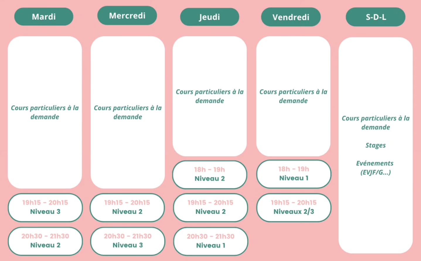 📅 Planning de Mai/Juin/Juillet 🌞
Ouverture le dimanche 12 avril à 8h
▶️ Dès l'ouverture du planning, ne tardez pas à vous inscrire pour vous assurer une place sur vos créneaux préférés !
1️⃣ Planning Mai & Juin 🌼
Vous évoluez et par conséquent le planning aussi ! Plusieurs créneaux montent en niveau 🎉
Par ailleurs, les créneaux suivants ont été supprimés en raison d’une faible fréquentation : Mercredi 12h–13h et Jeudi 10h–11h.
2️⃣ Planning Juillet (allégé) ☀️
Des cours tous niveaux avec un thème surprise chaque semaine pour découvrir, bouger et s’amuser autrement 🌈
Le nombre de créneaux est volontairement réduit. Toutefois, en cas de forte demande (liste d’attente importante), certains créneaux habituels pourront être réouverts ponctuellement.
#planning #évolution #printemps #été #mermaidpolevitré