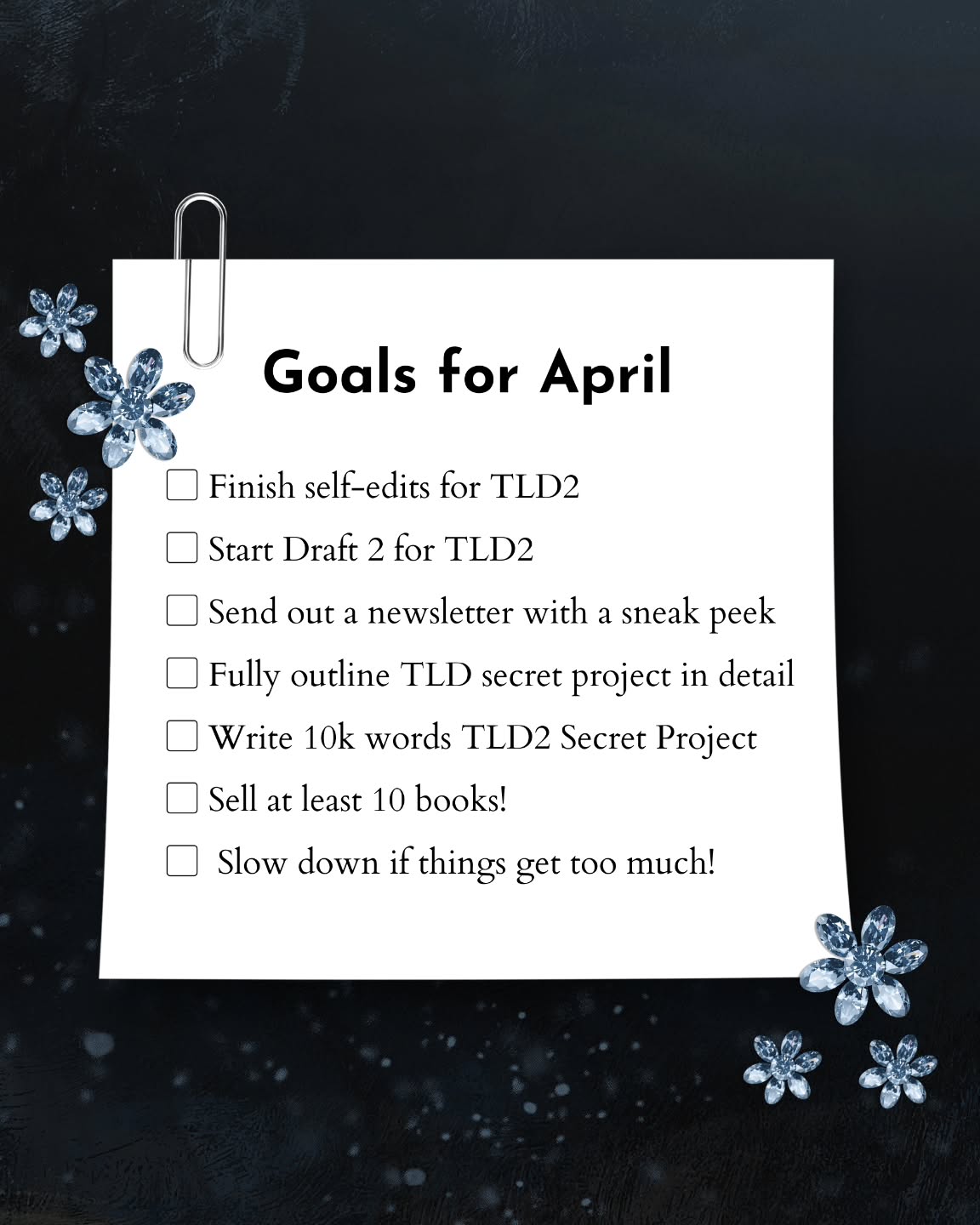 I have so many goals for this April and here's hoping and manifesting all of them!
This month I'm diving hard into the self-edits of book 2 and hoping I'll have enough to start writing draft 2. Once draft 2 is done and dusted I might go for a small round of beta readers. ✨️
I know that working on one project does not work for me since I can become so jaded while reading and writing the same thing over and over again, so having a smaller project to work on helps me gain new perspective and I'm able to return to bigger projects with fresh eyes.
But even when we have so many goals, slowing down is extremely important. So even if I don't outline or write 10k words or finish self-edits, that doesn't mean I didn't make any progress 💙
#authorgoals #indieauthors #lifeofanauthor #writingcommunity #writergram