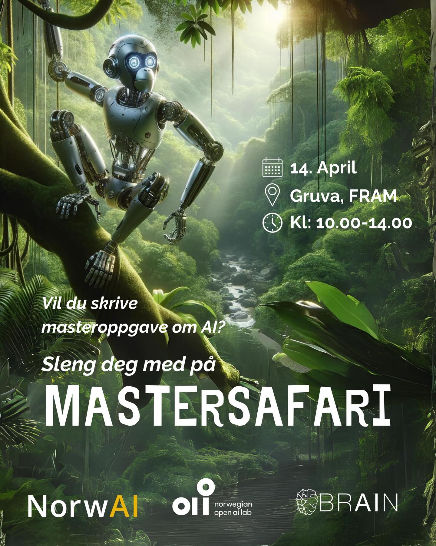🤖 Vil du skrive masteroppgave om AI?
Eller er du bare nysgjerrig på hva en AI-masteroppgave er?
Da bør du melde deg på vårens store happening, nemlig Master Safari med BRAIN, NorwAI og Norwegian Open AI Lab!💚🐒
Her kan du:
→ Møte Norges fremste AI-forskere og bedrifter.
→ Høre erfaringer fra tidligere masterstudenter.
→ Snakke direkte med bedriftene og få høre om deres oppgaveforslag.
Er du 4.-klassing? Dette er stedet å starte masterjakten!
Det blir deilig lunsj, stands og mingling, og ikke minst muligheter for å vinne fete premier!⚡️⚡️
Påmelding via link i bio 👆
Sees der!