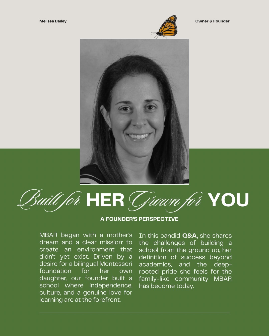 A look into the heart of our school.
We recently sat down with our founder and owner to share the story behind MBAR. Taking the leap to buy a business is a major milestone, but doing so just as the pandemic hit brought a level of adversity no one could have predicted.
Despite those early challenges, she remained committed to her vision. Through hard work and a clear mission, she has not only sustained the school but continues to grow it every year.
Swipe through to read the full Q&A and learn more about the journey that brought us to where we are today.
#montessori #owner #founder #businessowner