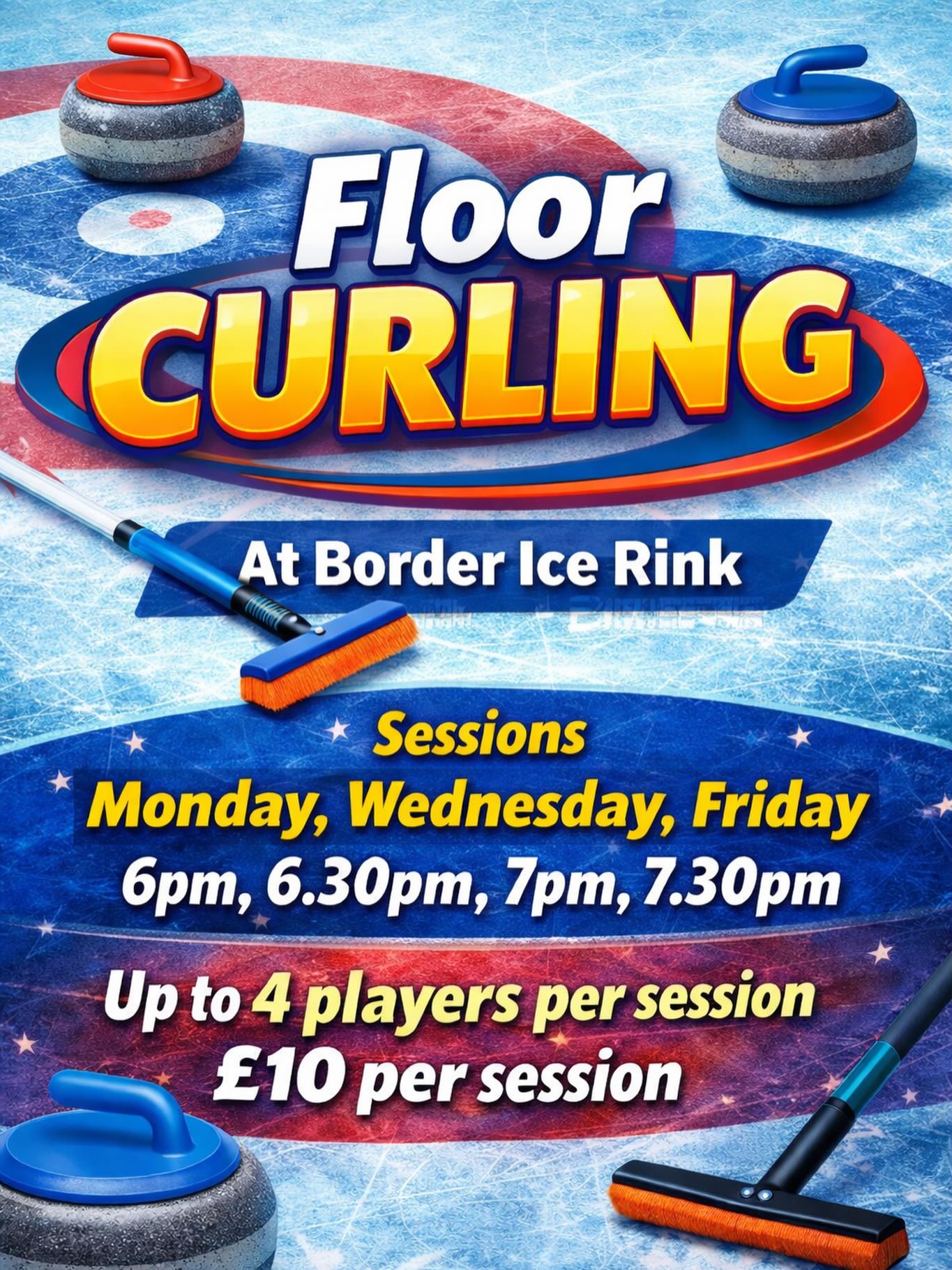 🥌 FLOOR CURLING AT BORDER ICE RINK 🥌
Looking for something fun and different? Give floor curling a go!
📅 Sessions: Monday, Wednesday & Friday
⏰ Times: 6pm, 6.30pm, 7pm, 7.30pm
👥 Up to 4 players per session
💷 £10 per session
🌐 Online bookings now open. www.bordericerink.co.uk/shop
Perfect for friends, families, or a bit of friendly competition — no experience needed!
Book your slot and get sliding! 🥌