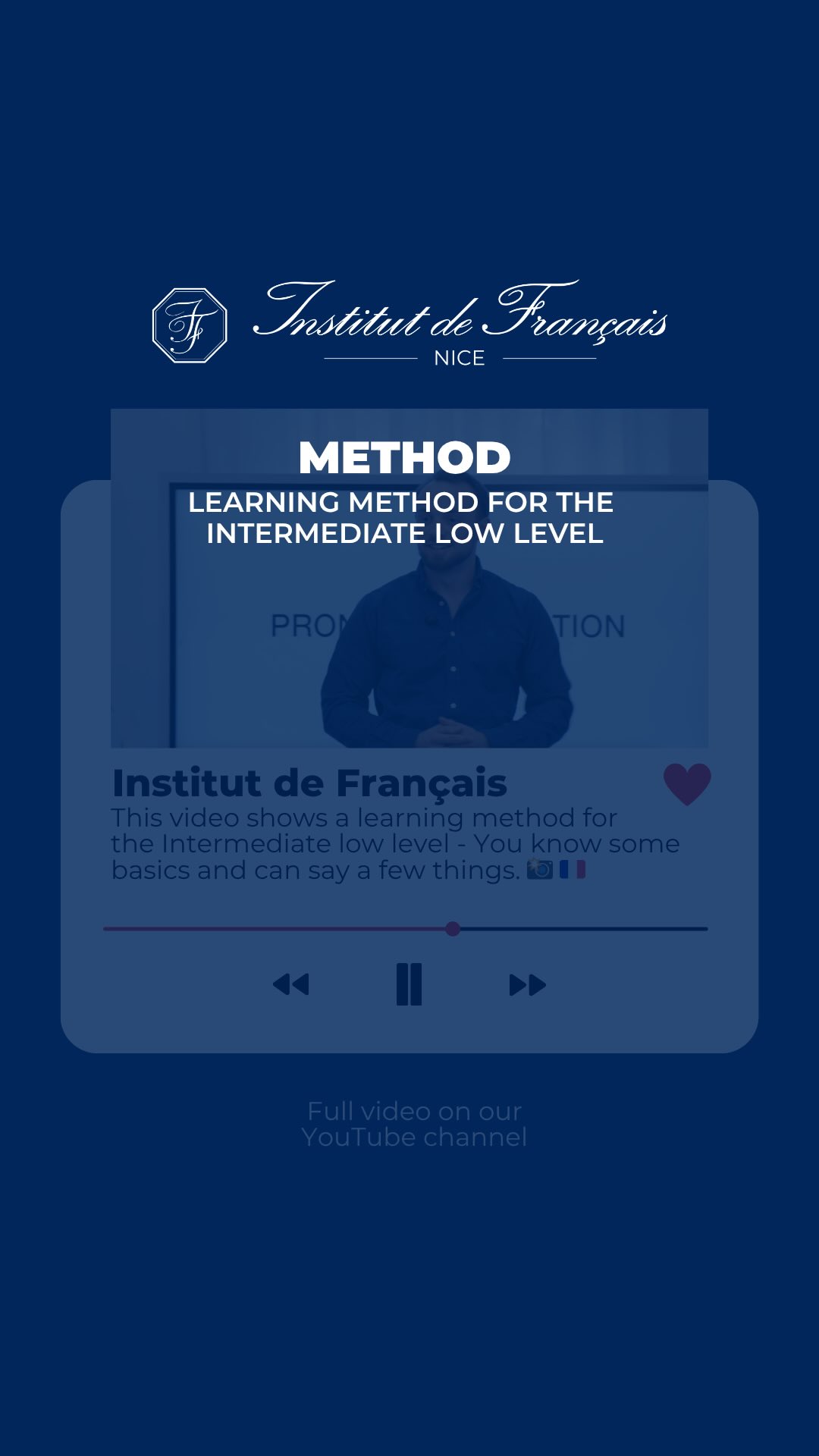 This video shows a learning method for the Intermediate low level - You know some basics and can say a few things. đžđ«đ· From the moment you arrive, you will begin speaking, thinking, and living in French. Our method, called structuro-global, is built around how we naturally acquire language. Instead of overanalyzing grammar rules, you absorb the rhythm, sound, and flow of spoken Frenchâjust like a child learning their first language. You hear it, repeat it, and use it in context until it becomes second nature. Of course, we have also beginner, intermediate high and advanced levels. More institutdefrancais-nice.com đČ