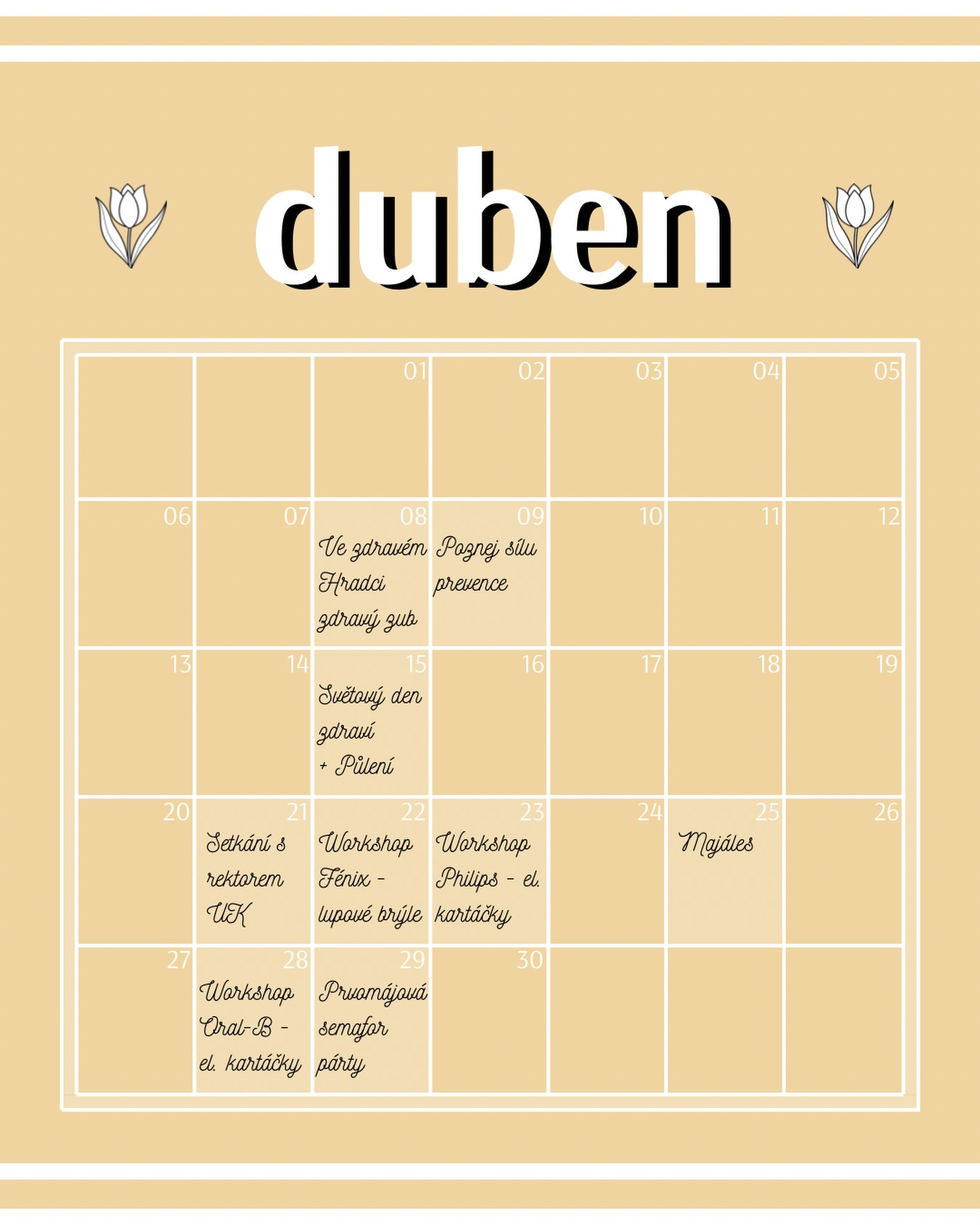 Vzhledem k tomu, kolik událostí se nám na duben vyrojilo 🐝, jsme pro všechny připravili přehledný kalendář 🌷. Tak mrkněte, ať víte, na co se těšit 😉.
Podrobnosti k jednotlivým workshopům a akcím budou nadále vycházet postupně 🗓️😁😎.