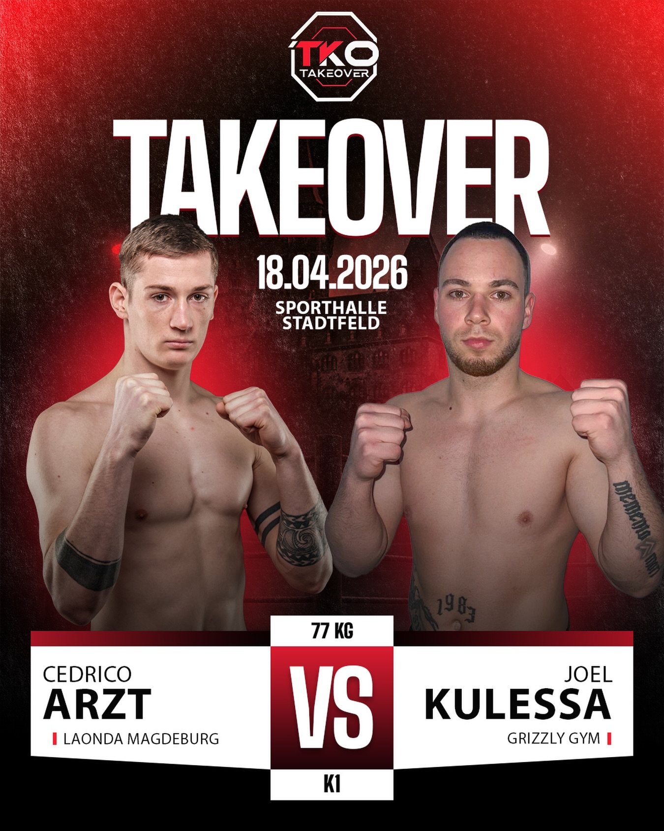 🔥 K1-DUELL FIX – 77 KG
Am 18.04.2026 steht bei TAKEOVER ein weiteres starkes K1-Duell auf dem Programm:
Cedrico Arzt
(LaOnda Magdeburg)
vs.
Joel Kulessa
(Grizzly Gym Schönebeck)
🥊 K1 | 77 kg
In diesem Kampf treffen zwei erfahrene K1-Kämpfer aufeinander – ein Duell mit hoher sportlicher Qualität.
Magdeburg vs. Schönebeck – zwei starke Teams!
Ein intensiver und technisch anspruchsvoller Kampf ist damit vorprogrammiert.
🥊 Am 18.04. wird sich zeigen, wer sich in der 77 kg-Klasse durchsetzt.
🎟 Tickets sind erhältlich – Link in der Bio.
#TAKEOVER #K1 #Kickboxen #Magdeburg #Schönebeck
