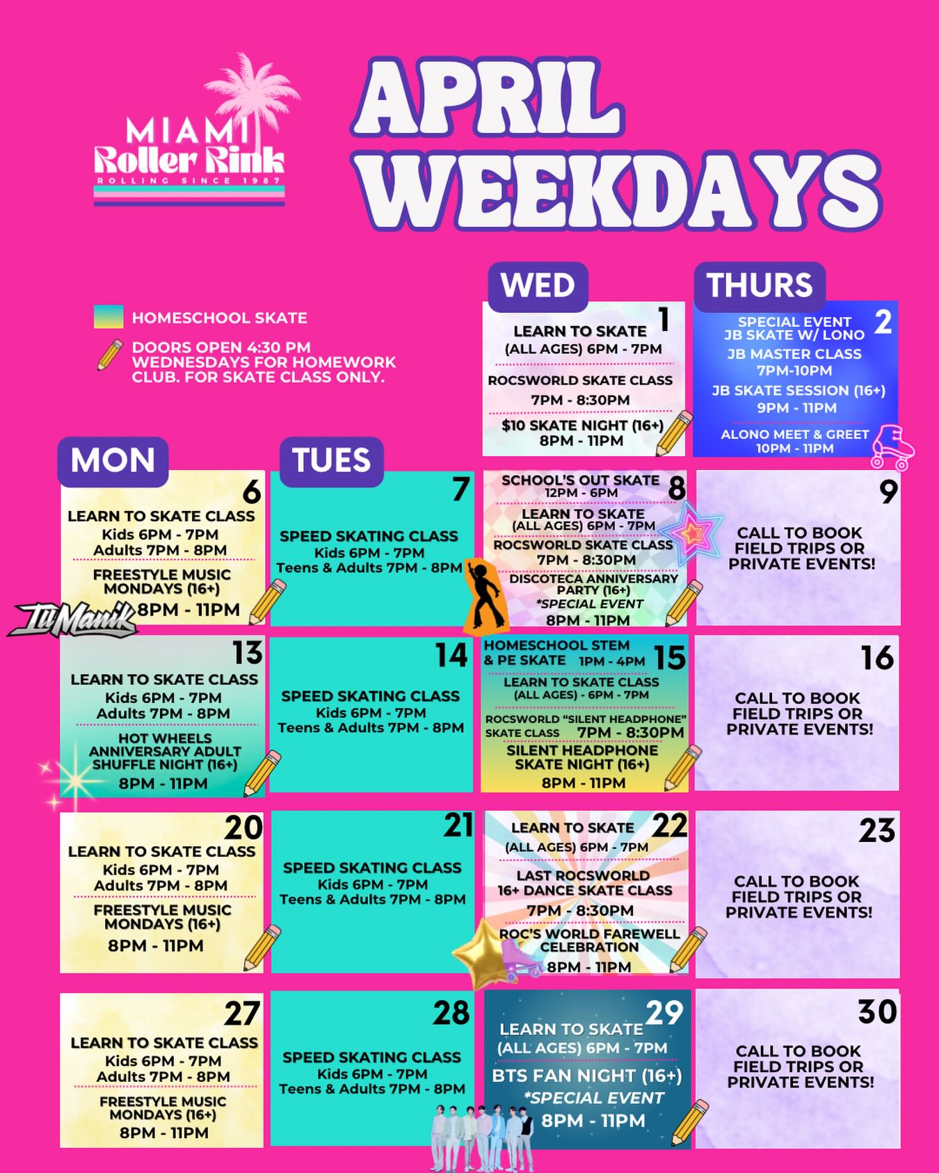 🛼✨ From BTS Fan Night to Roc’s Farewell and classes for all levels, your April plans are set. Weekly traditions like Freestyle Adult Mondays and Skate Classes are ready for you so see you at the rink! 🛼#MiamiRollerRink #SkateLife