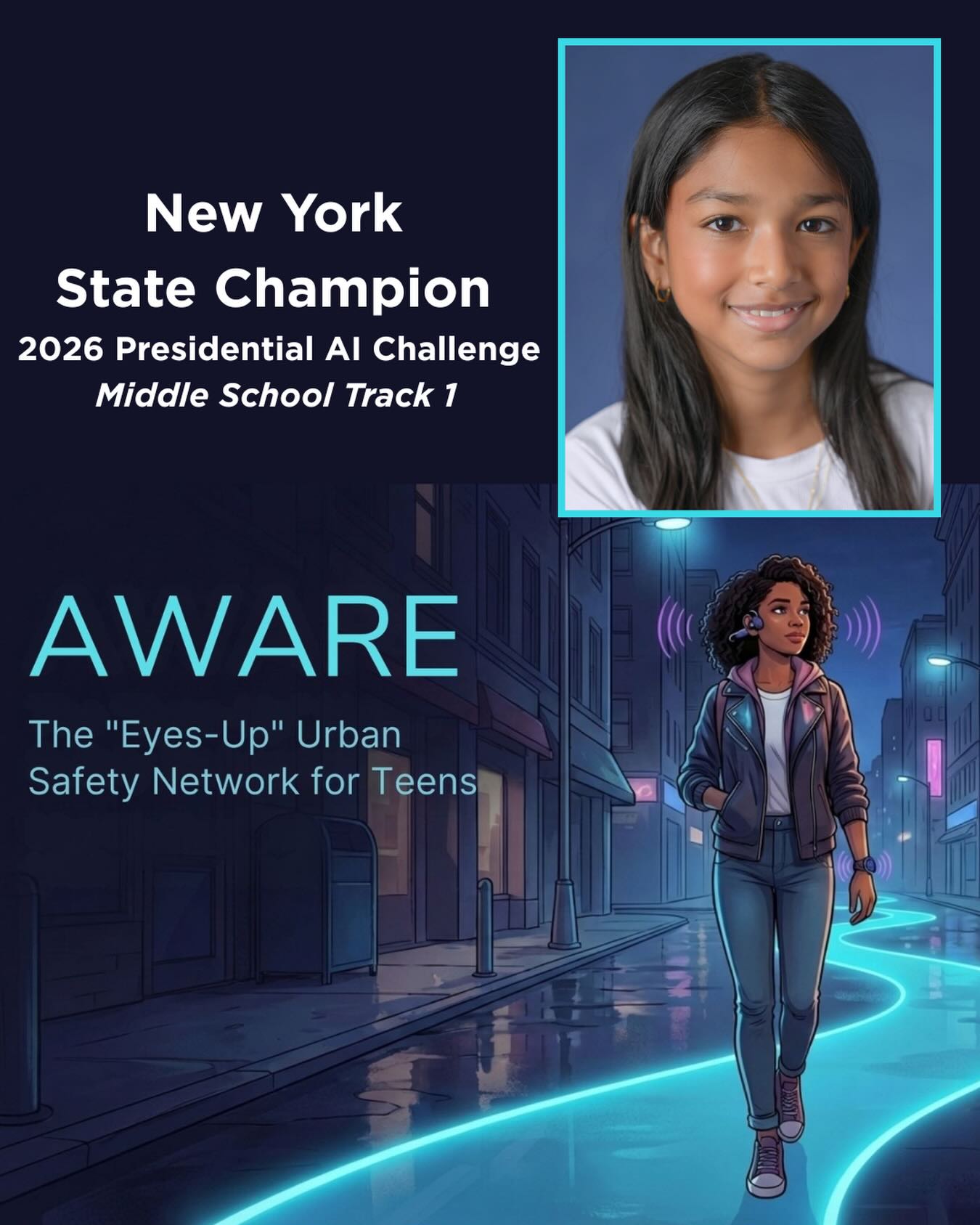 A huge congratulations to Pine Street School’s very own 7th grader, Dilyn Chowdhary!
Dilyn has been named the New York State Champion in the 2026 Presidential AI Challenge (Middle School Track 1)! 🏆🗽
Her project, “Aware,” is a groundbreaking “Eyes-Up” safety network designed specifically for NYC teens—think of it as Waze for teen pedestrians. 🚶♀️📱 Out of thousands of entries across the state, Dilyn’s technical depth and innovative solution to a real-world problem won over the judges.
We are incredibly proud to have the state’s leading young AI innovator right here in our hallways. Next stop: Regionals! 🚀
#PineStreetSchool #PresidentialAIChallenge #StateChampion #STEM #NYCStudents WomenInTech