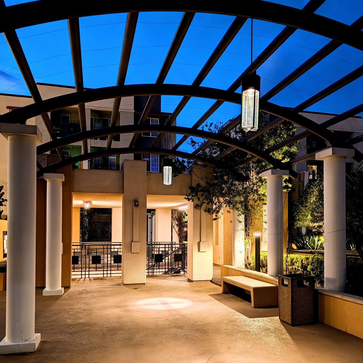 PUERTA DEL SOL - COURTYARD
We brought warmth and hospitality via sleek elegance to the inner plaza of the residence. Two stairwell lights were replaced with PAL Diamond fixtures and four HINKLEY Large Pendant fixtures were added to the pergolas to increase accessibility and security while blending in with the existing eclectic style. All fixtures are energy efficient and dark sky compliant.
Fixtures: PAL @pal_lighting / HINKLEY @hinkleylighting