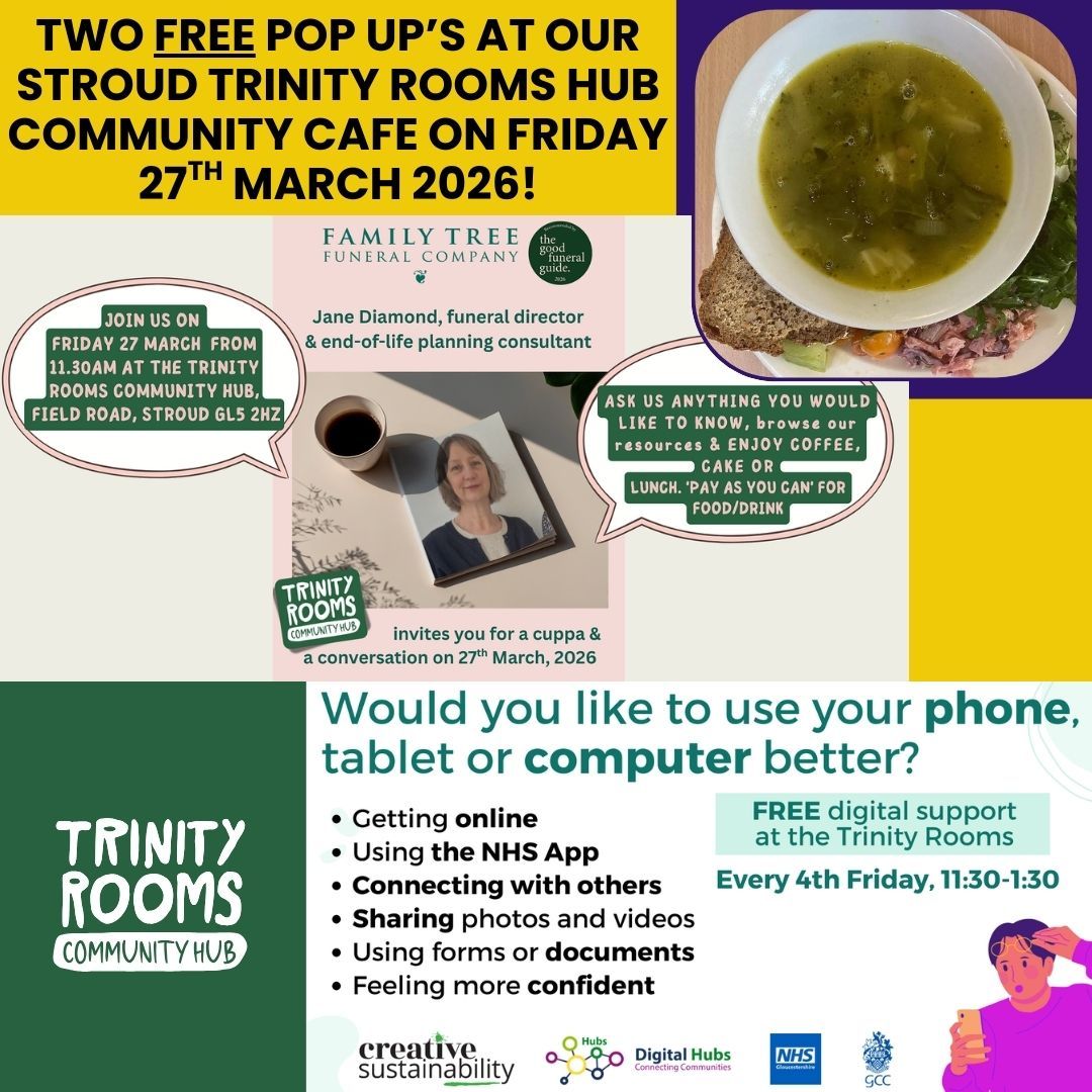 Two great pop-ups to check out at our Community Cafe tomorrow (Friday 27th March)...
Digital Support where you can learn to use your phone, tablet or computer better.
Cuppa & Conversation with Jane Diamond, end-of-life planning consultant and funeral director from Family Tree Funeral Company.
Both Free and open from 11:30am to Drop In.
All Welcome.
#Stroud #LocalSupport #Advice #Painswick #Food #Bussage #Amberley #Connection #Nailsworth #Homecooked #Helpful #Chalford #Wellbeing #Community #Gloucestershire